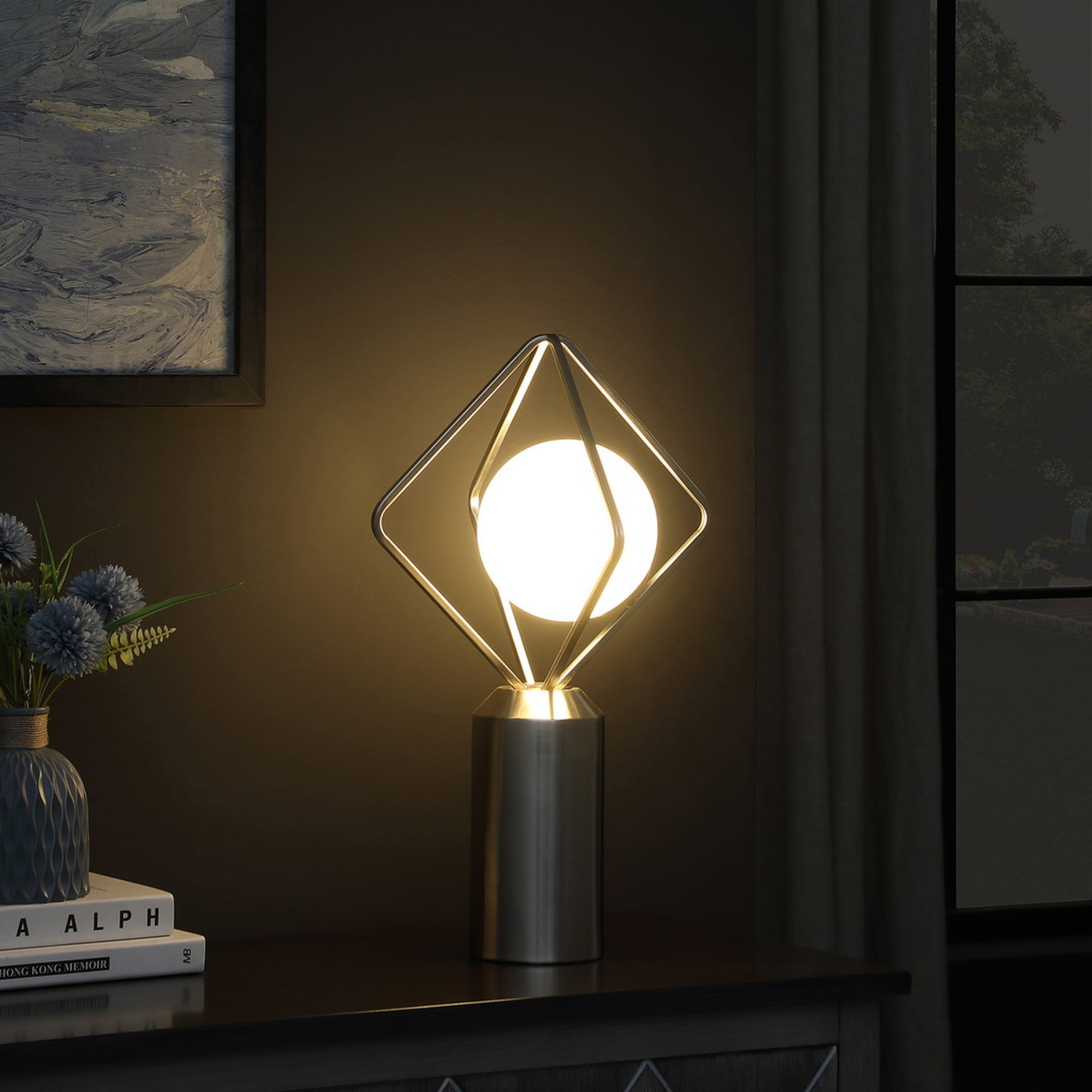 Noble House 19.5" Ernst Orb and Metal Cage Table Lamp, Brushed Silver, White Glass Shade, G9 LED Included, Silver