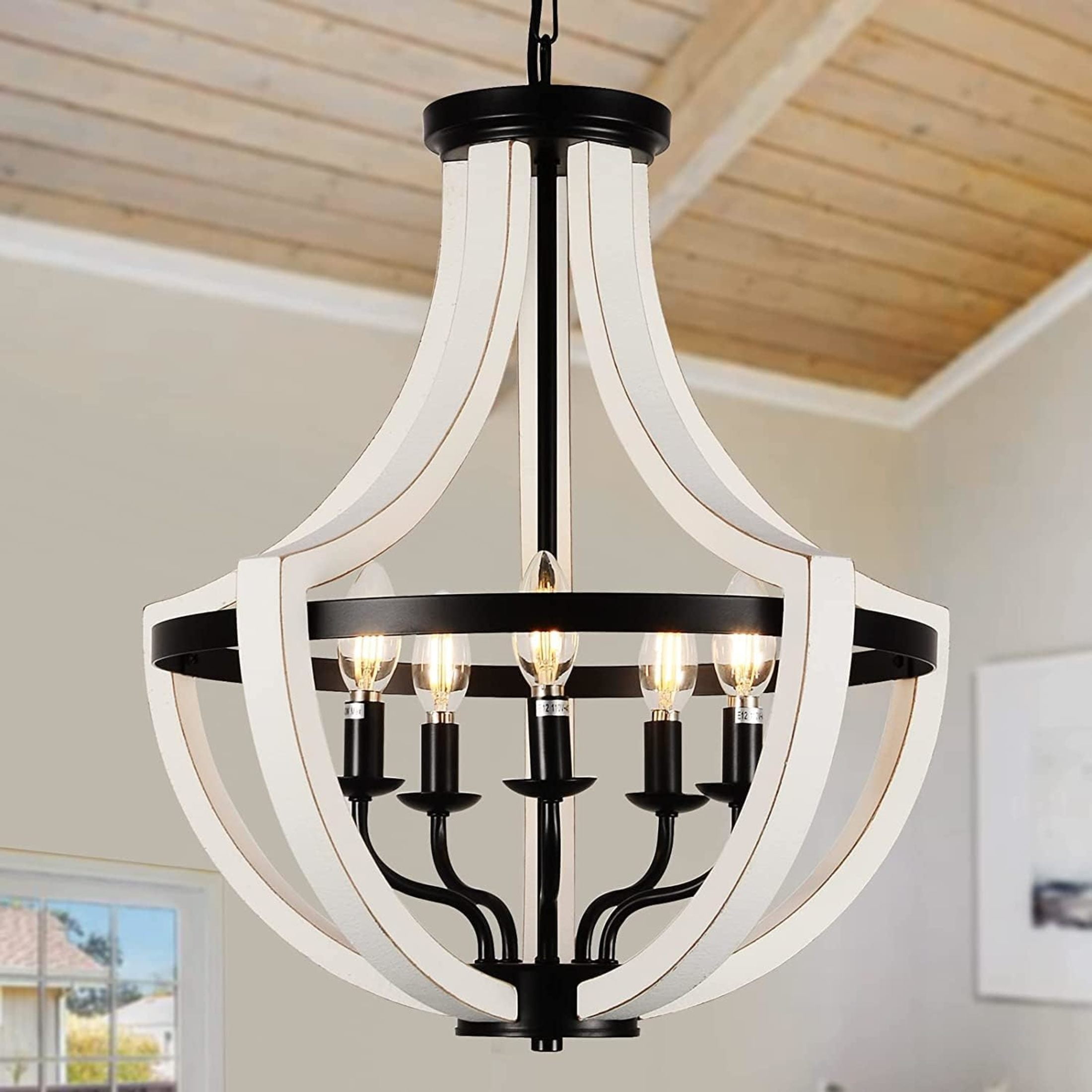 Noble House 19" 5-Light Solid Wood Farmhouse Chandelier, Rustic Candle Ceiling Light for Dining Room, Bedroom, White