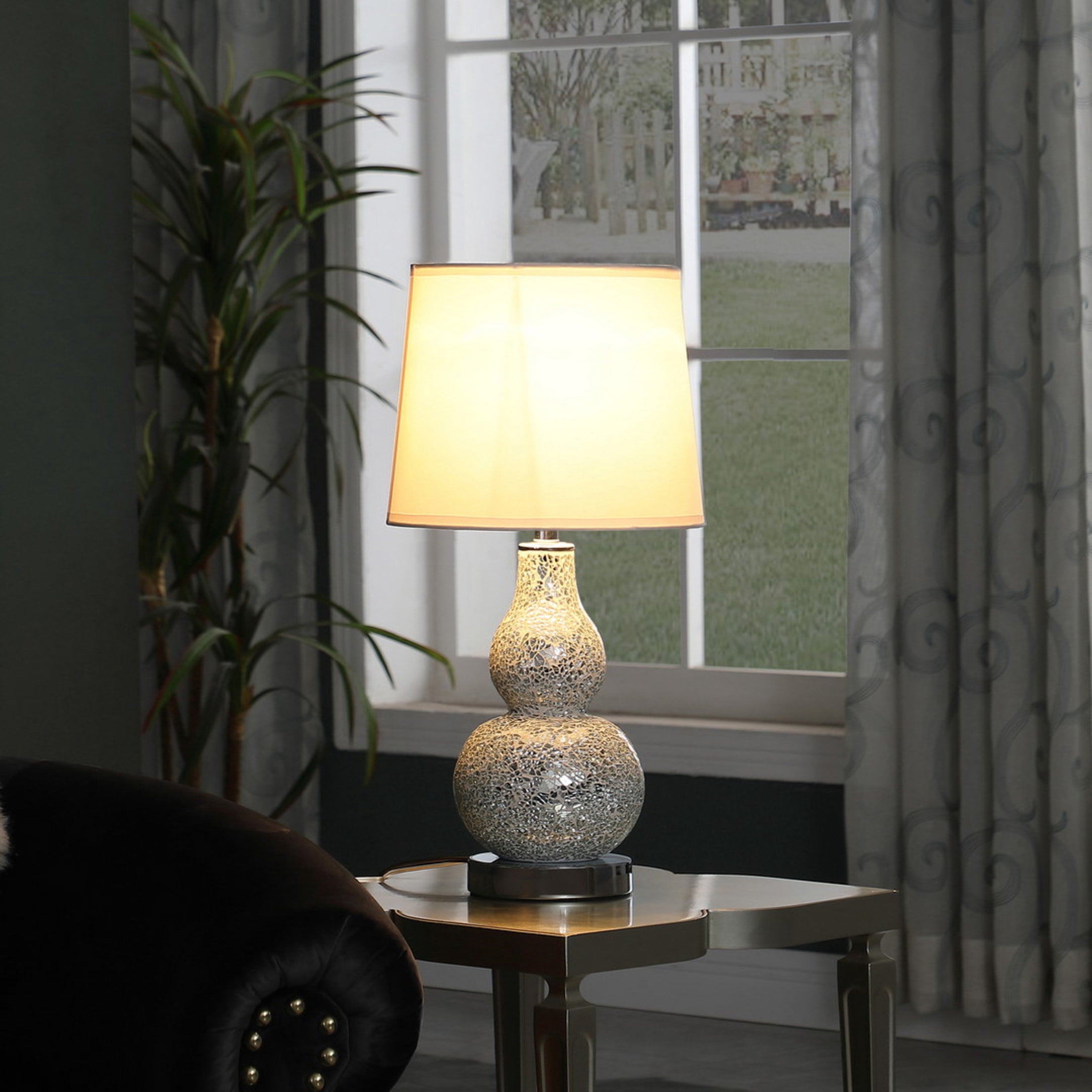 Noble House 19.5" Mirror Mosaic Table Lamp, Chrome Polyresin Base with White Linen Shade, Space-saving Design, Silver