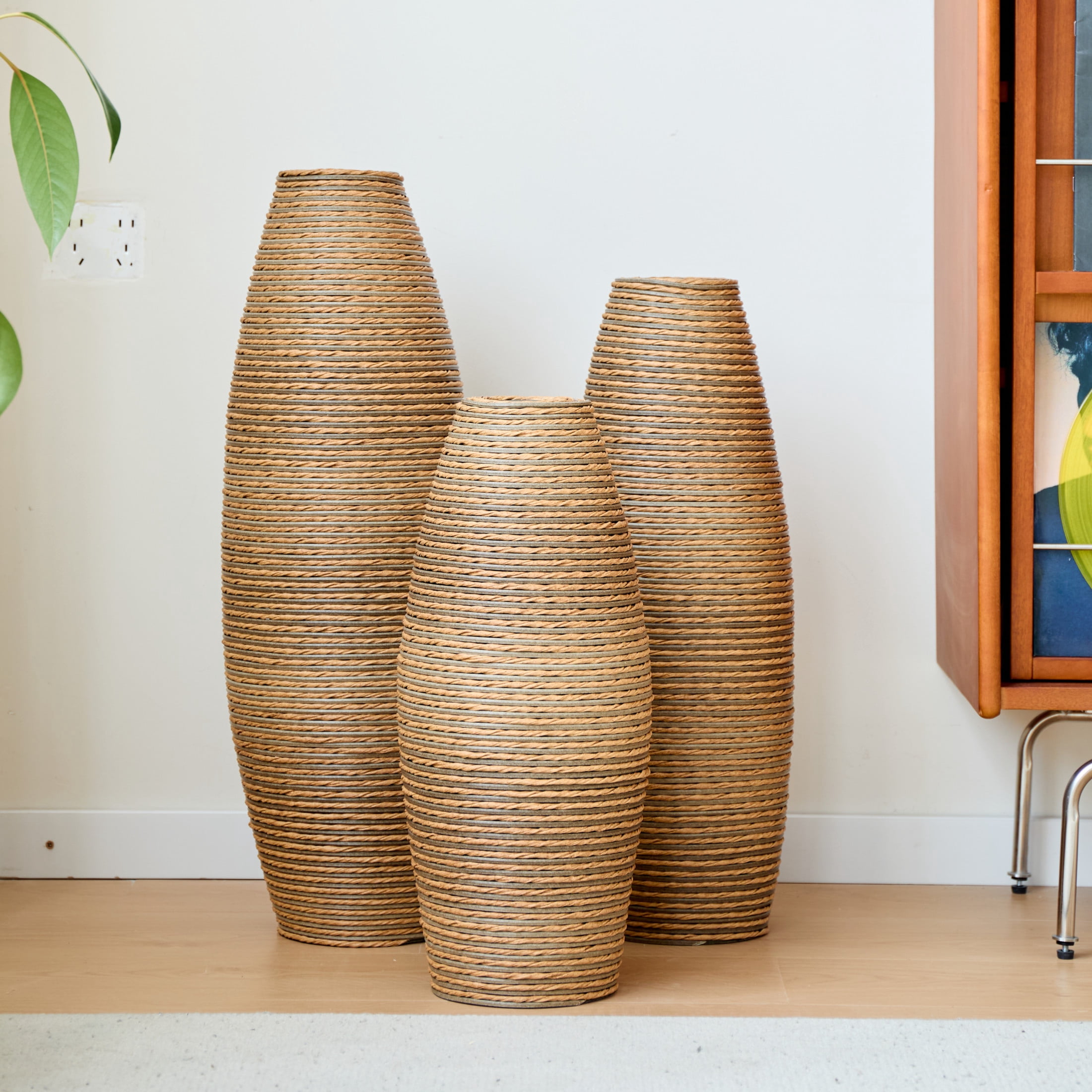Noble House 19.69", 23.2", 27.56" PVC Floor Vase Set of 3, Handcrafted Rattan-Like, Beige Brown