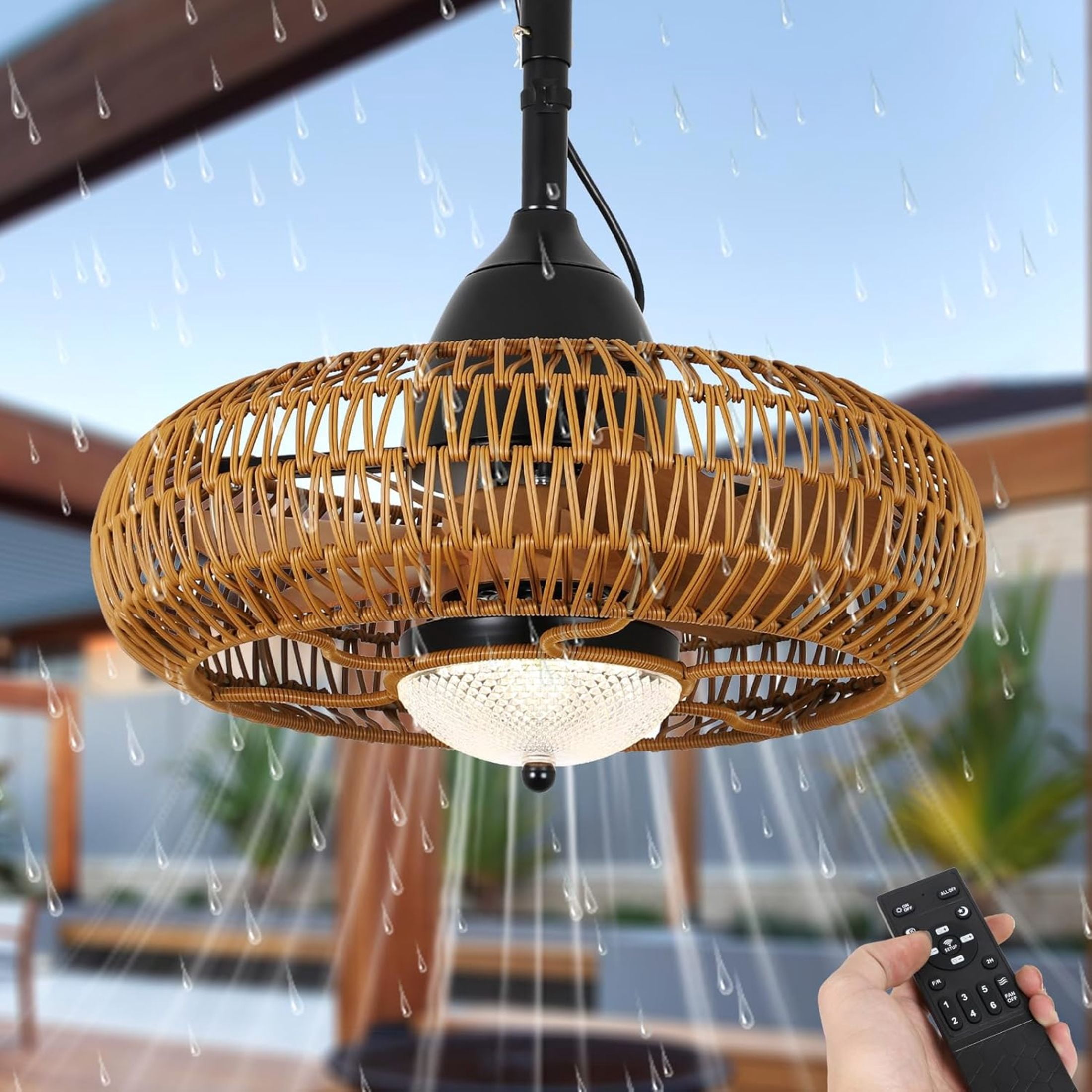Noble House 19.7" Waterproof Outdoor Ceiling Fan with Light, Remote, 6-Speed Reversible Motor, Dimmable LED, Brown