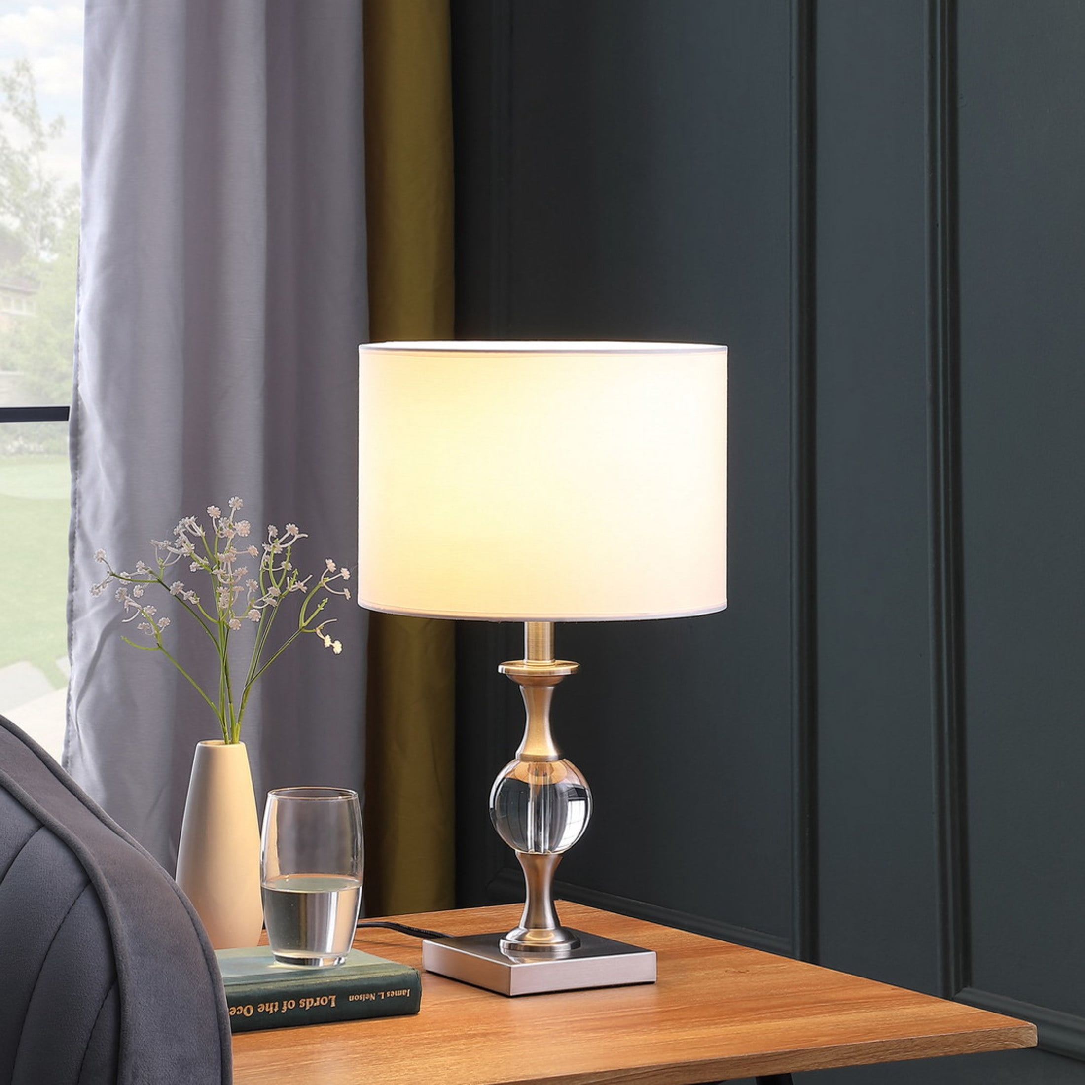 Noble House 19.75" Solid Crystal Orb Table Lamp, Satin Nickel Base, White Drum Shade, E26 Light Bulb, Silver