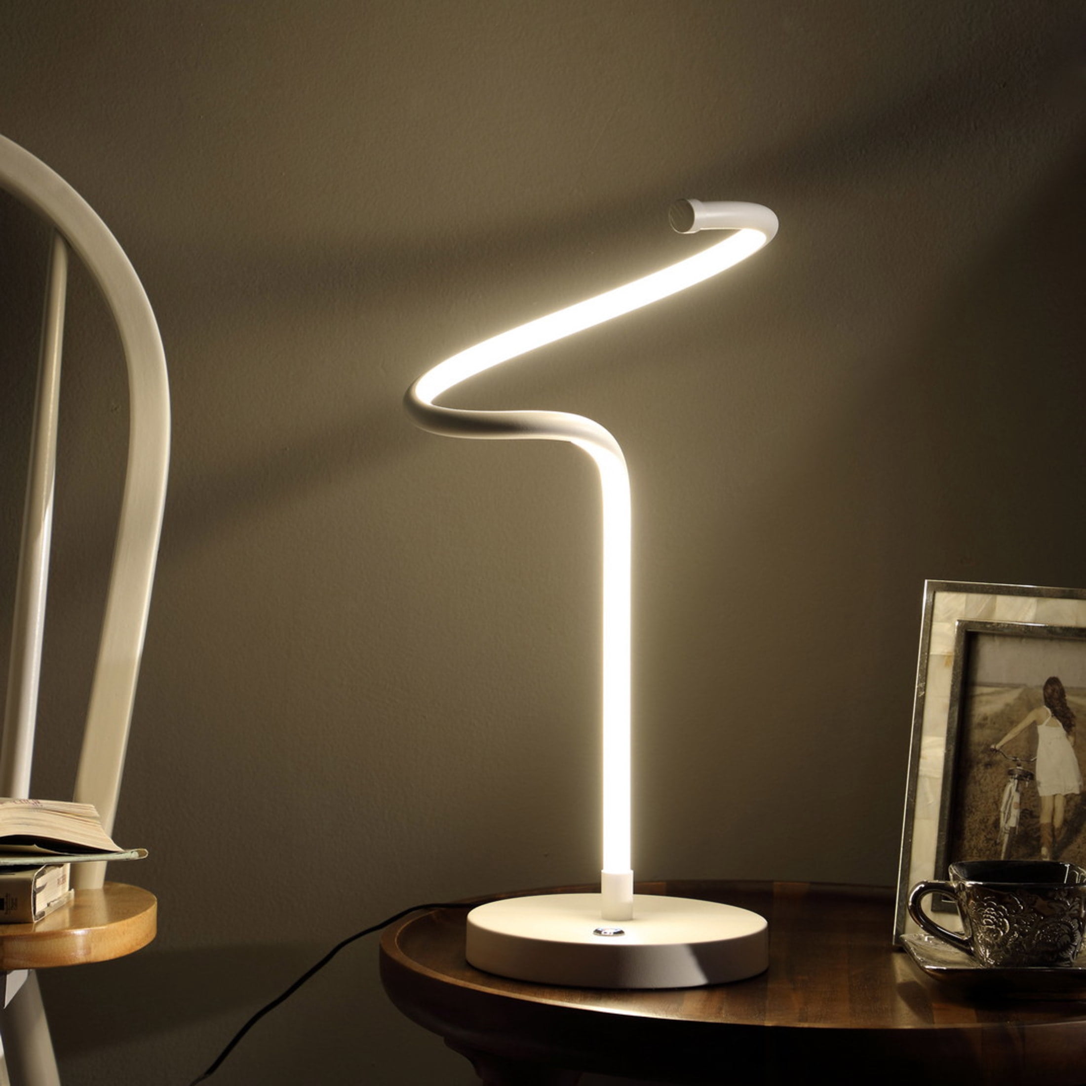 Noble House 19" LED Spiral Table Lamp, S-Curve Spiral Tube, Dimmable Button, Space Saving Design, Matte White
