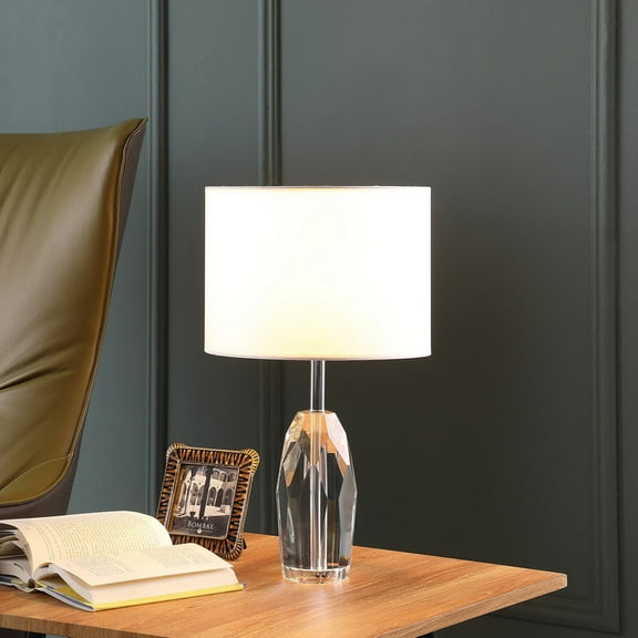 Noble House 19" Solid Crystal Prism Table Lamp, Chrome Base, White Drum Shade, E26 Light Bulb, Silver