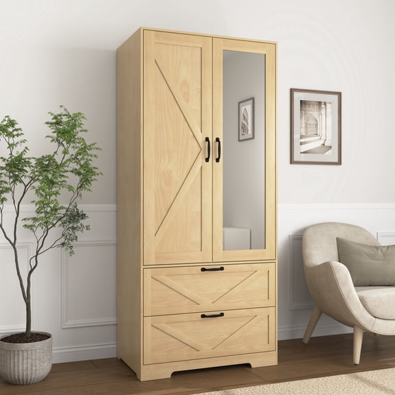 Noble House 2 Doors Wardrobe Closet with Mirror, Drawers and Hanging Rod, Natural