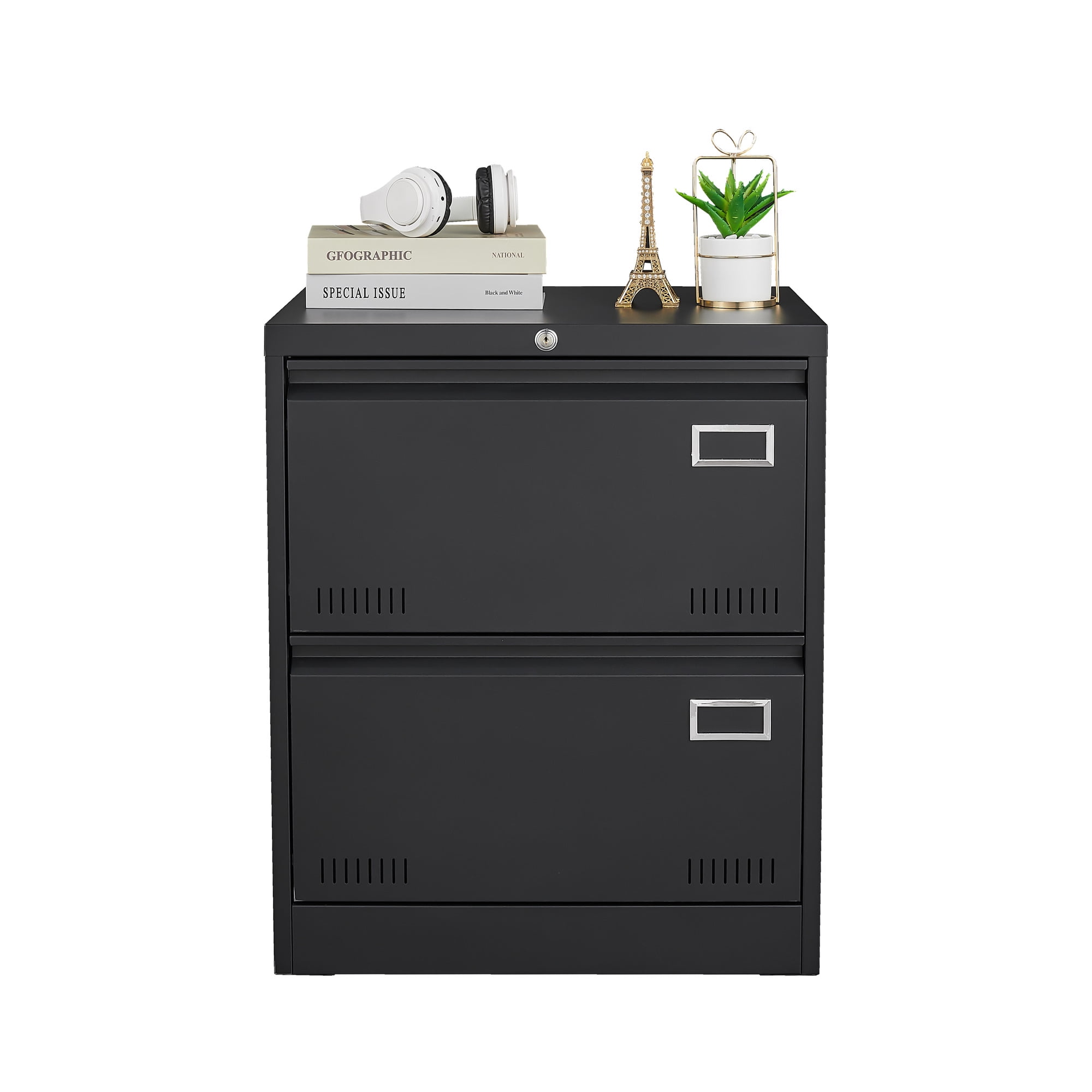 Noble House 2 Drawer Lateral File Cabinet with Lock, Metal Office Storage for Legal/Letter/A4, Black