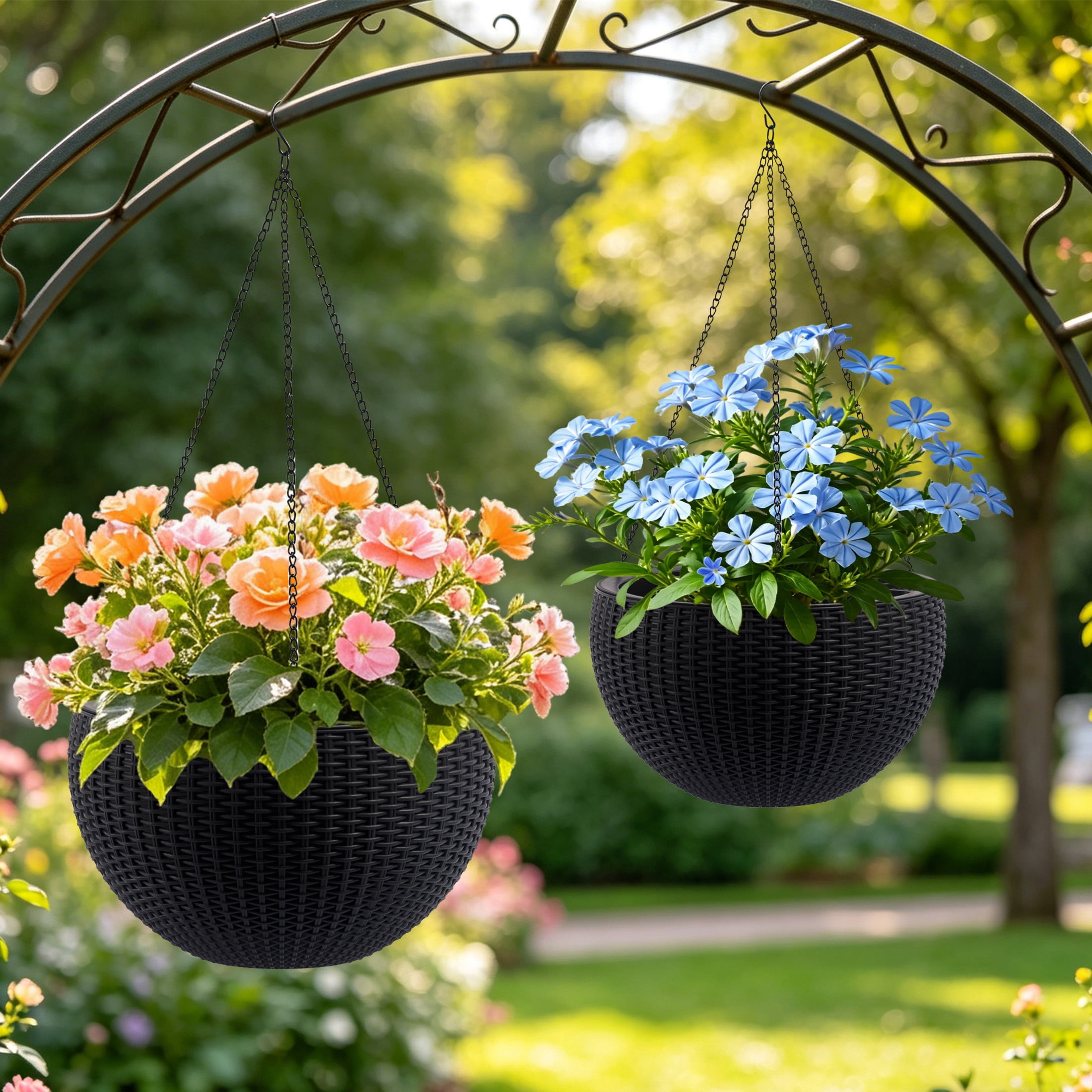 Noble House 2 Pack 13.4" Self-Watering Hanging Planters, Rattan-Style Flower Pots, Black