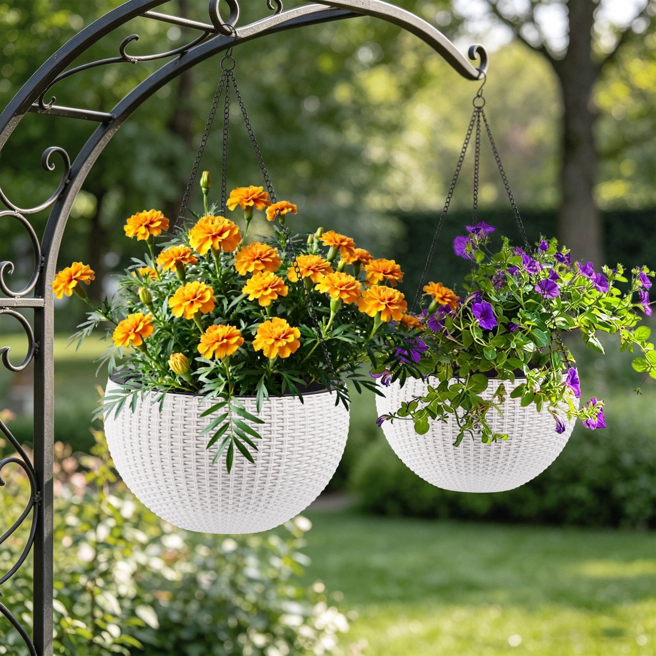 Noble House 2 Pack 13.4" Self-Watering Hanging Planters, Rattan-Style Flower Pots, White