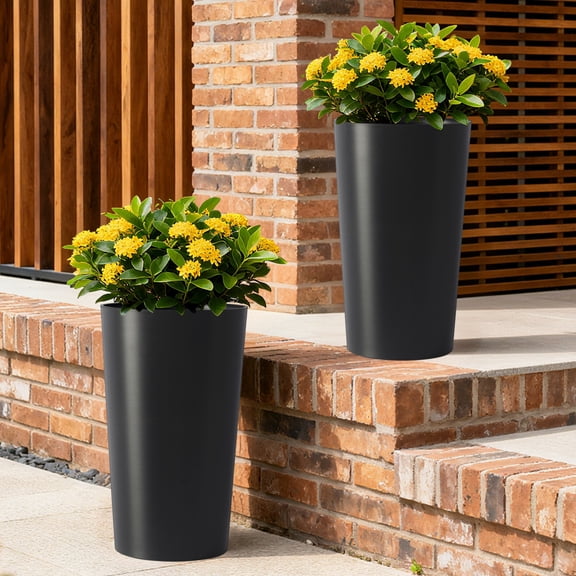 Noble House 2 Pack 21.7" Tall Round Planters, Modern Tapered Indoor Outdoor Flower Pots, Black