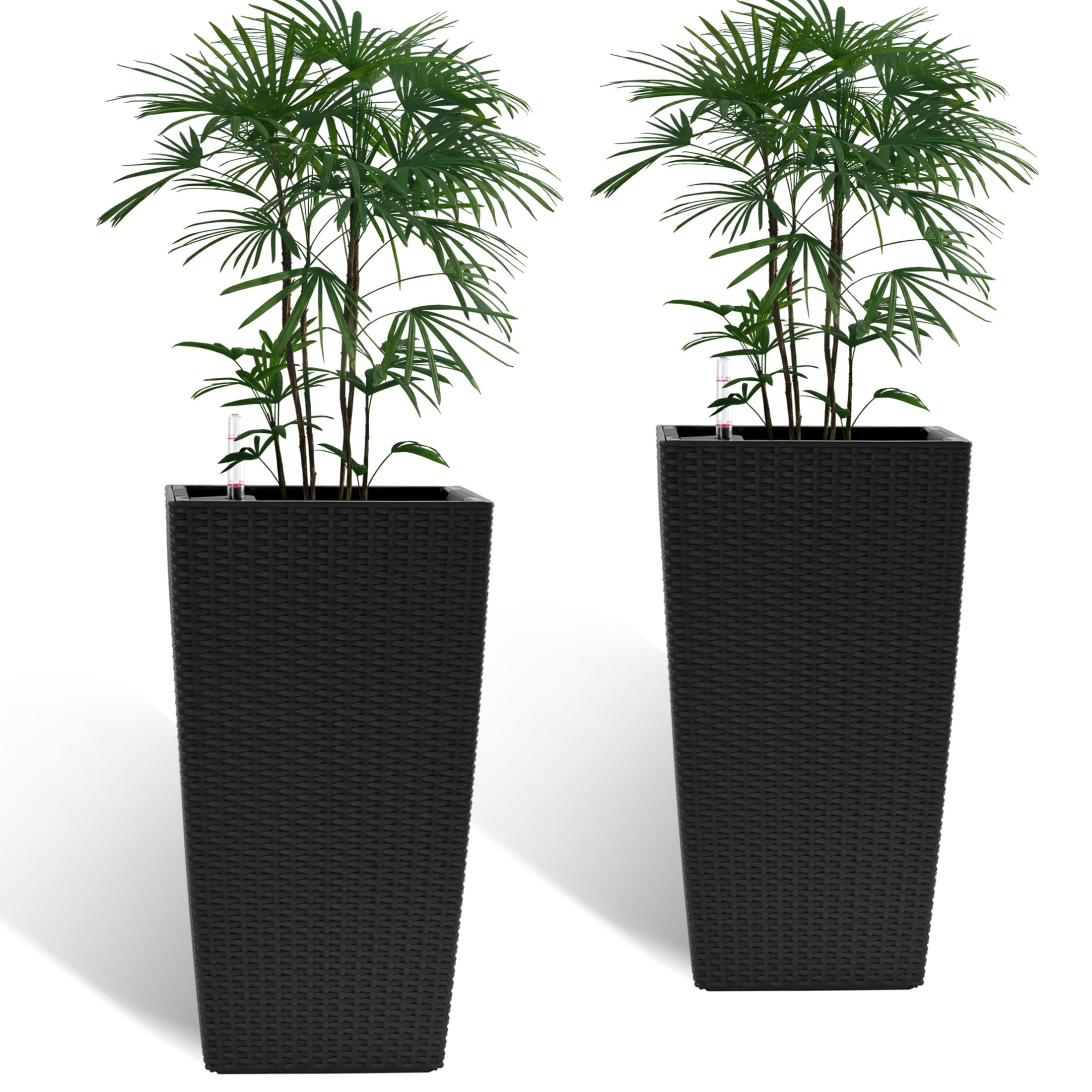 Noble House 2 Pack 22.61" Tall Square Self-Watering Planters, Faux Rattan Indoor Outdoor Flower Pots, Black