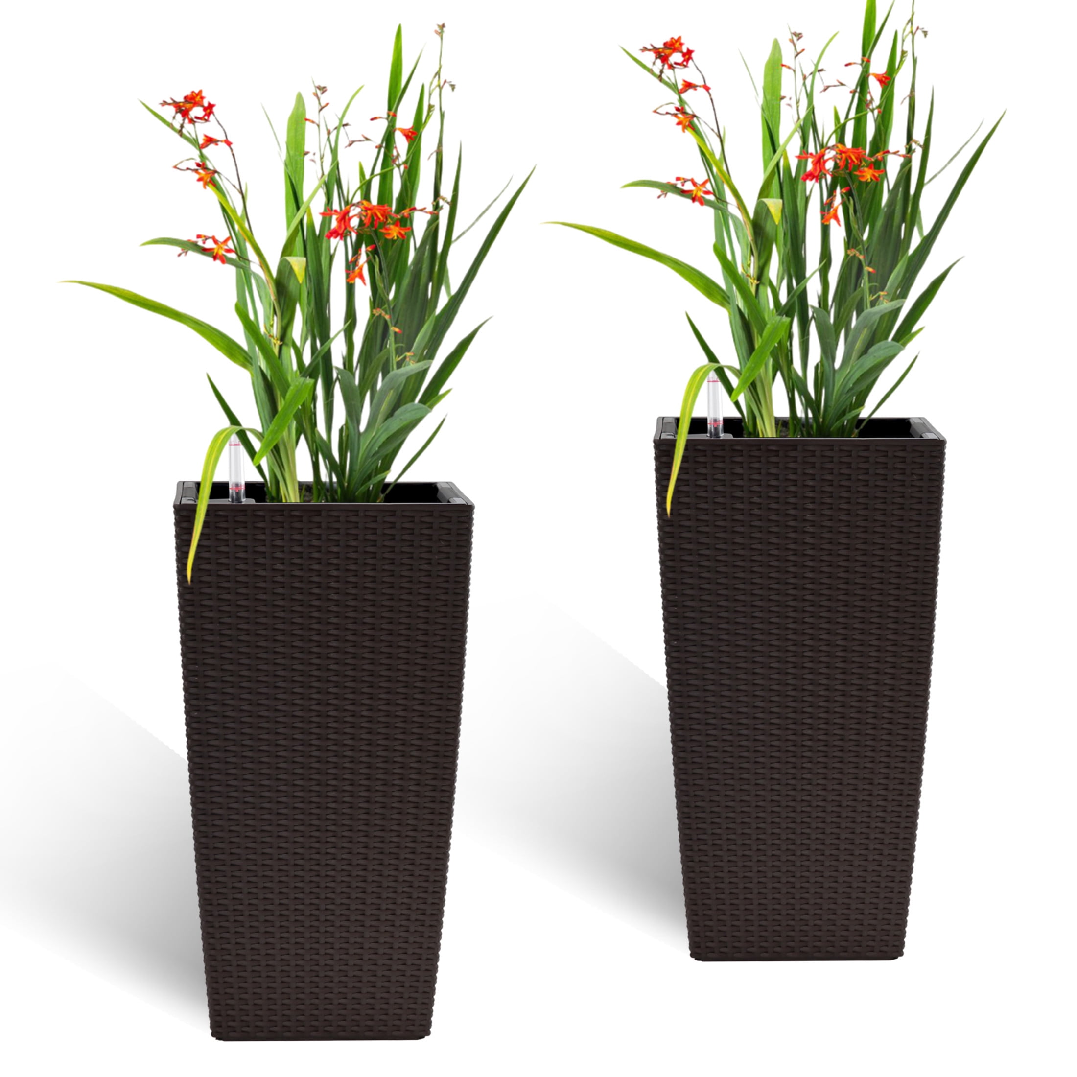 Noble House 2 Pack 22.61" Tall Square Self-Watering Planters, Faux Rattan Indoor Outdoor Flower Pots, Brown