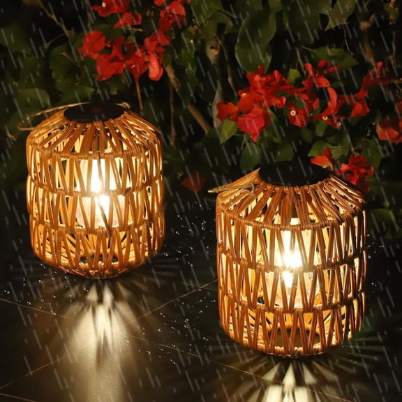 Noble House 2-Pack Rattan Solar Lanterns, Outdoor Waterproof Hanging Garden Lights, Warm LED, Natural