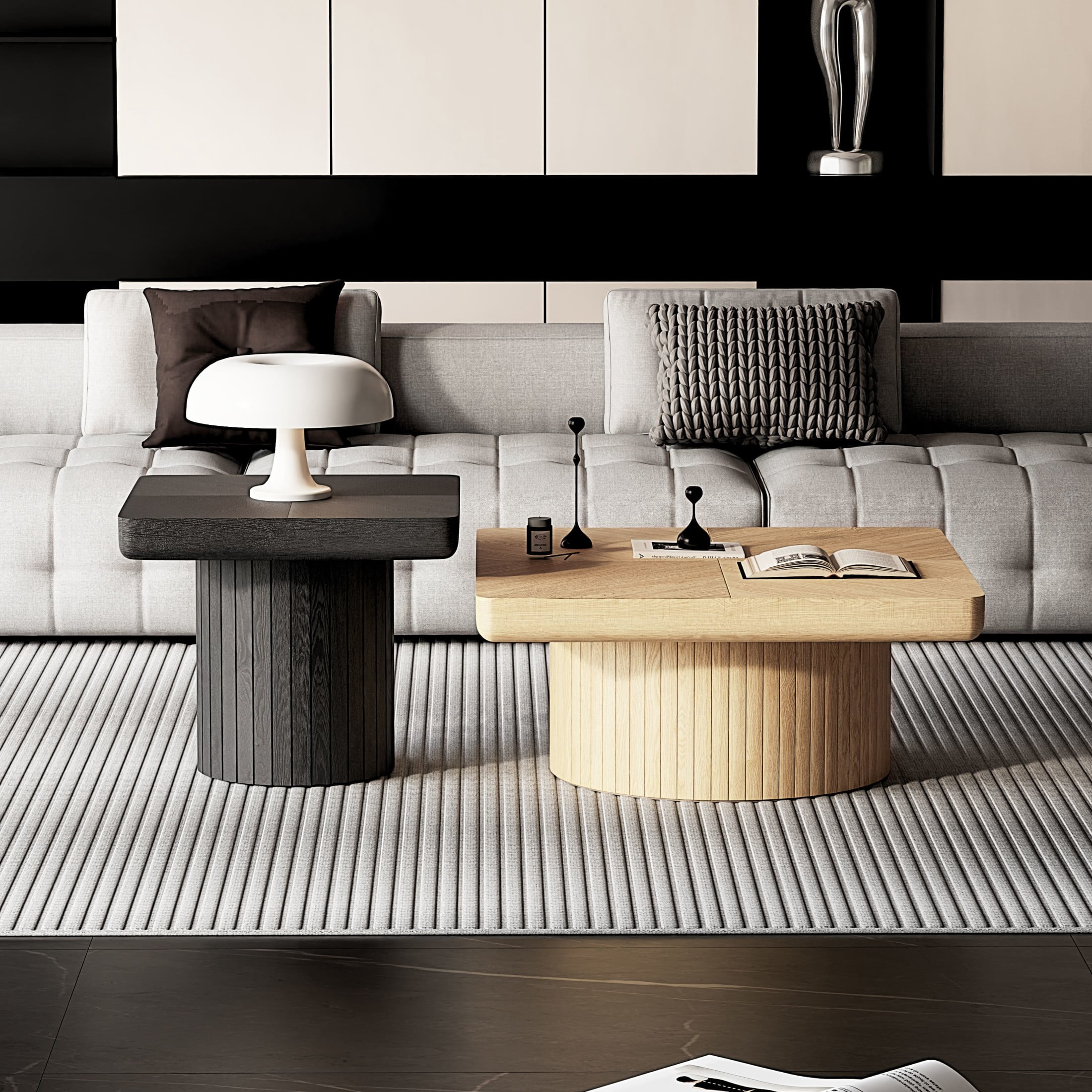 Noble House 2-Piece Nesting Coffee Table, Minimalist Wooden Center Table & Side Table, for Living Room, Black & Natural