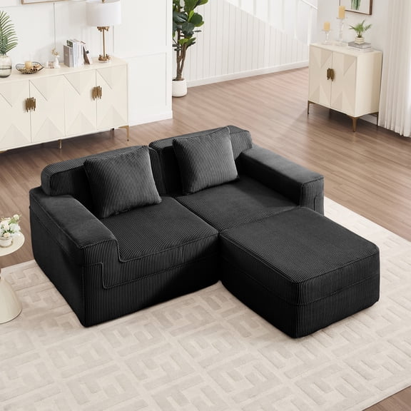 Noble House 2-Seat L-Shape Cloud Sectional Sofa, Boneless Design, Throw Pillows & 1 Movable Ottoman, Corduroy Fabric,Black