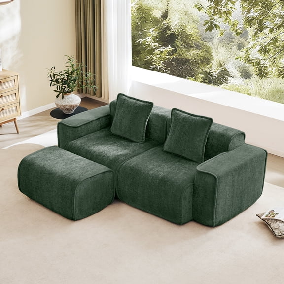 Noble House 2-Seat U-Shape Modular Sofa, Boneless Design with French Piping, Comes with Throw Pillows and One Ottomans, Green