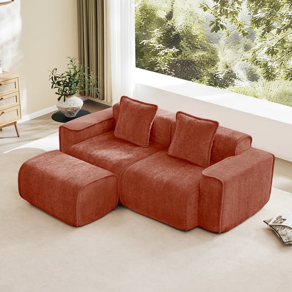 Noble House 2-Seat U-Shape Modular Sofa, Boneless Design with French Piping, Comes with Throw Pillows and One Ottomans, Red