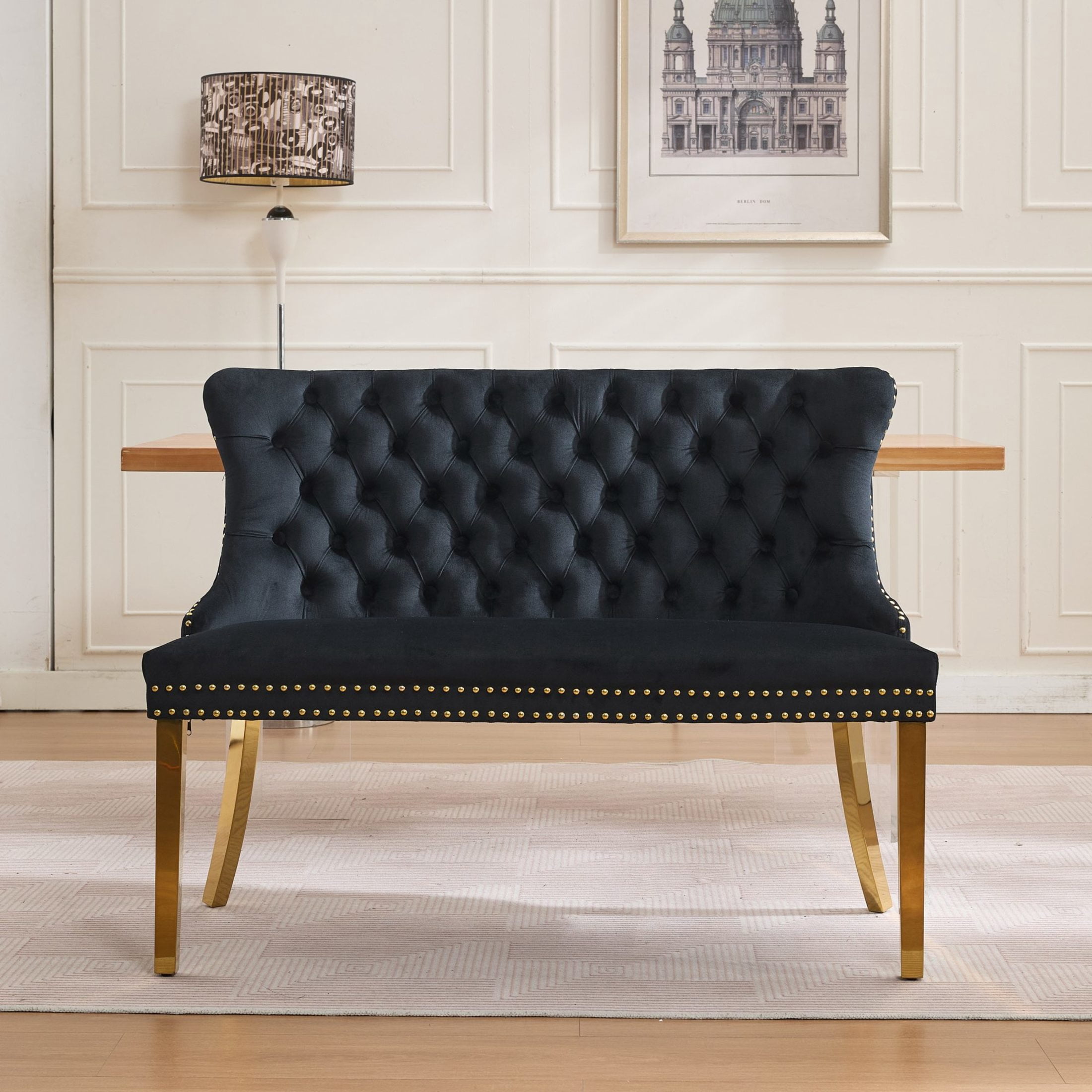 Noble House 2-Seat Velvet Dining Bench, Tufted Wingback Upholstery, Steel Legs, Black + Gold