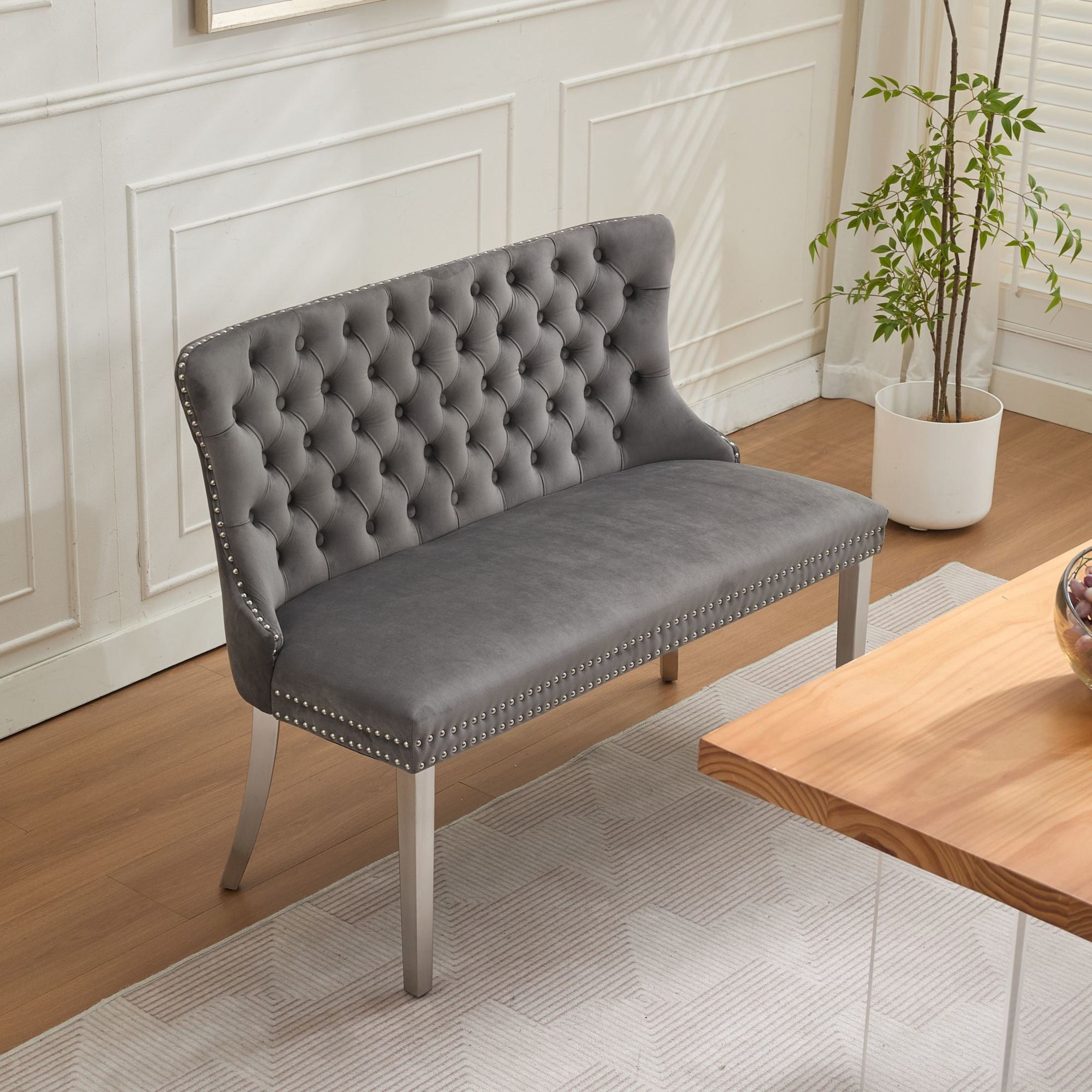 Noble House 2-Seat Velvet Dining Bench, Tufted Wingback Upholstery, Steel Legs, Gray + Silver
