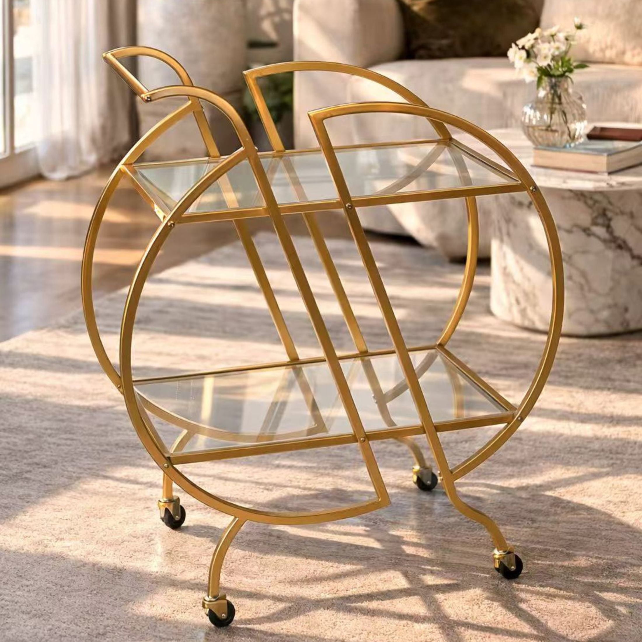 Noble House 2-Tier Bar Cart with Mirrored Glass Shelves, Rolling Serving Cart with Lockable Casters, Gold