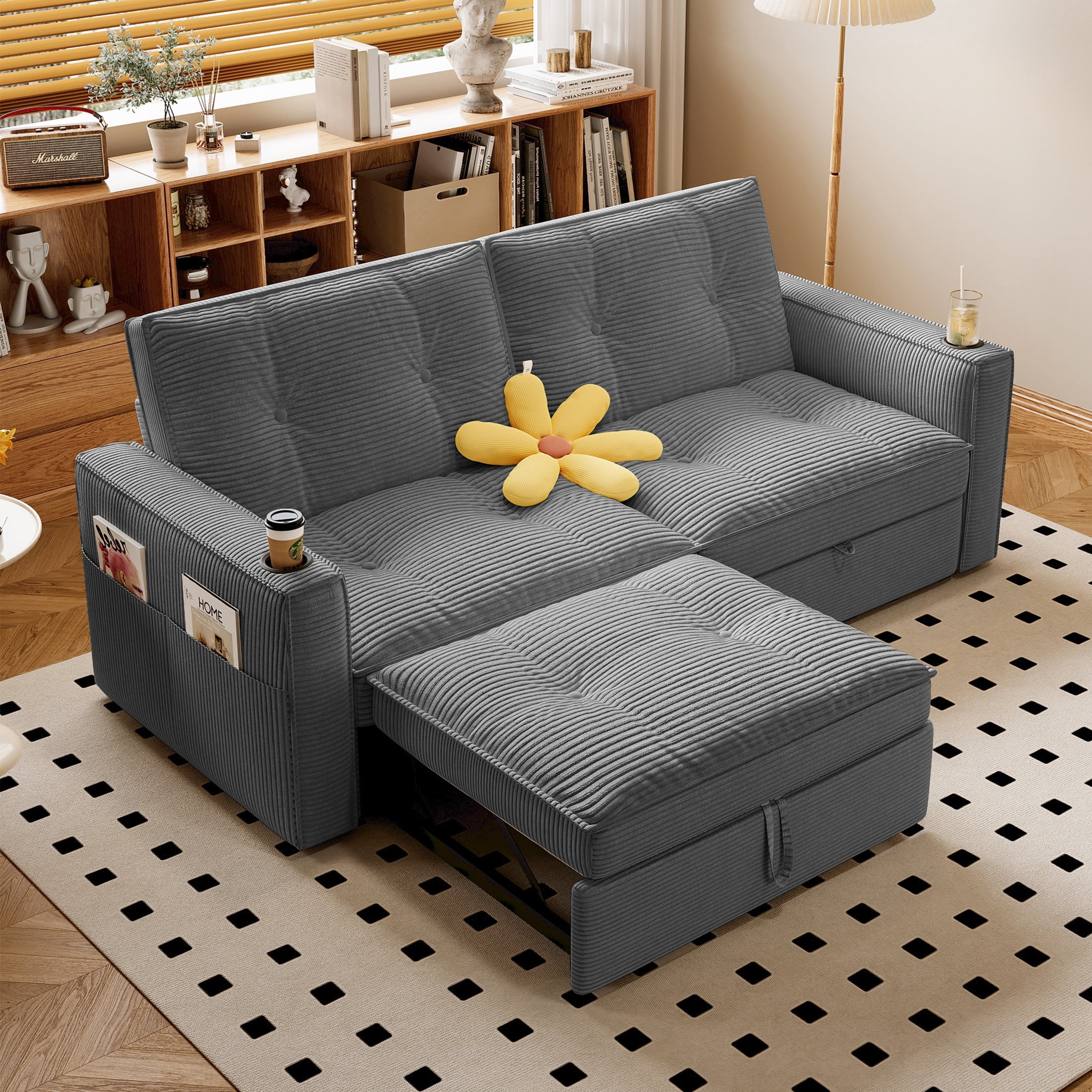 Noble House 2-in-1 Convertible Pull Out Sofa Bed with Adjustable Backrest, 73" Modern Corduroy Sleeper Couch, Gray