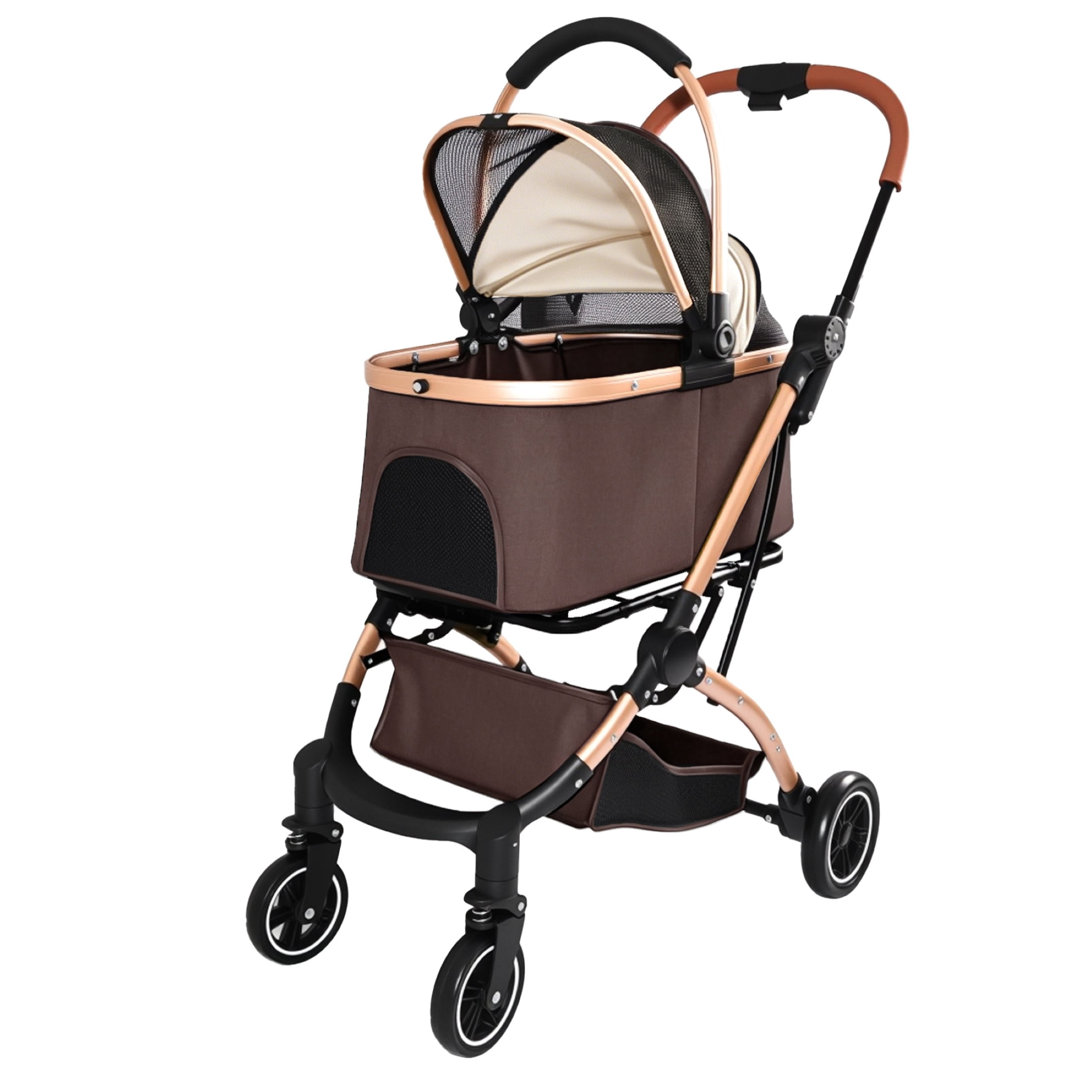 Noble House 2-in-1 Foldable Pet Stroller for Dogs & Cats with Detachable Carrier, Storage Basket, Khaki