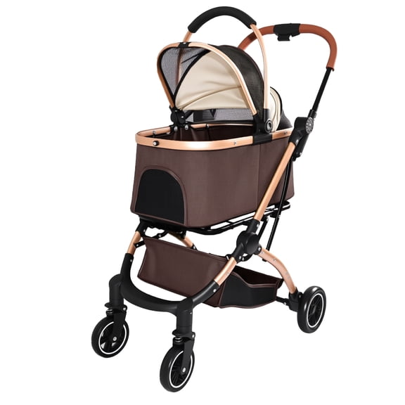 Noble House 2-in-1 Foldable Pet Stroller for Dogs & Cats with Detachable Carrier, Storage Basket, Khaki