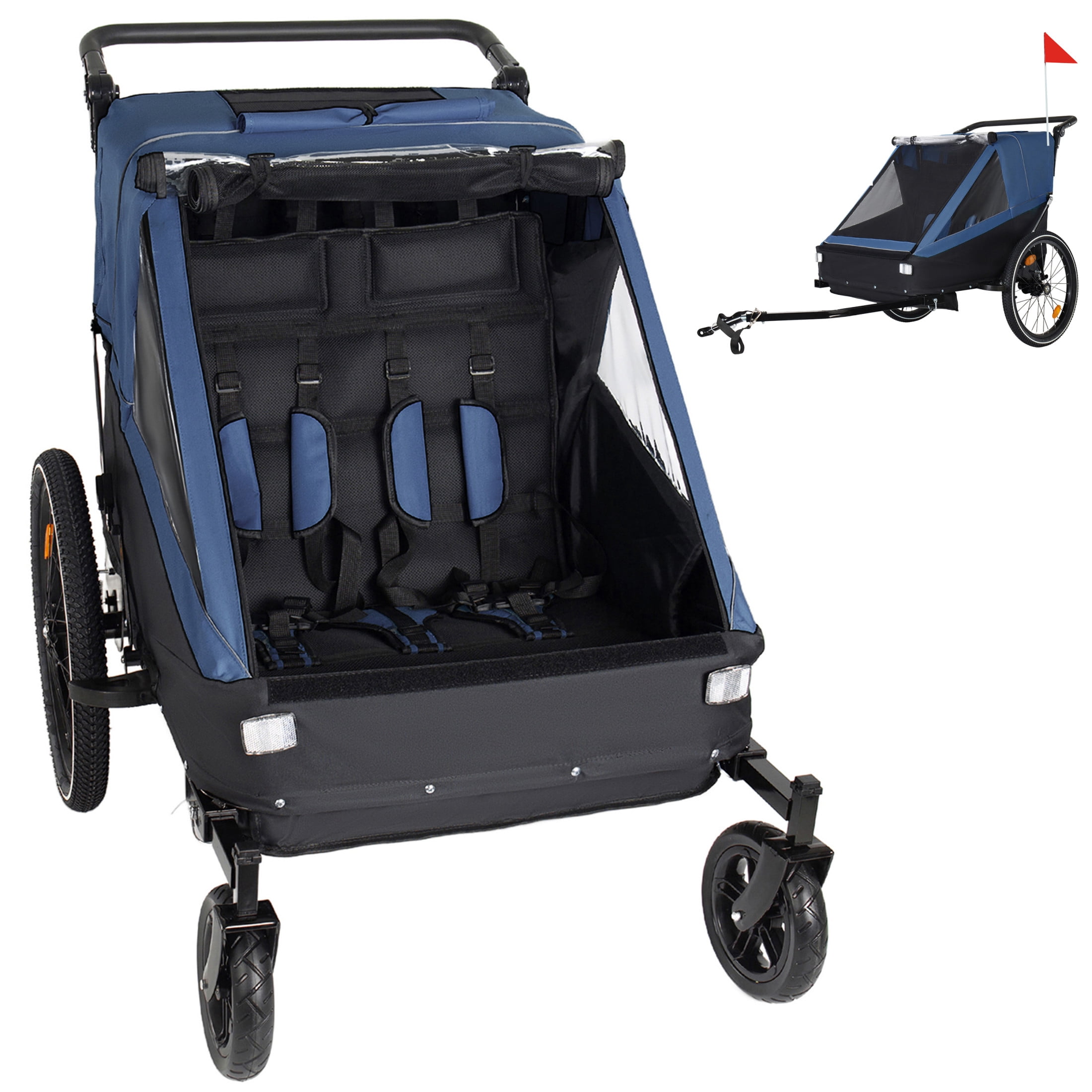 Noble House 2-in-1 Kids Bike Trailer & Jogging Stroller for 1 to 2 Children, Foldable Compact Storage Bags, Dark Blue