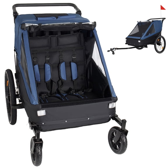 Noble House 2-in-1 Kids Bike Trailer & Jogging Stroller for 1 to 2 Children, Foldable Compact Storage Bags, Dark Blue