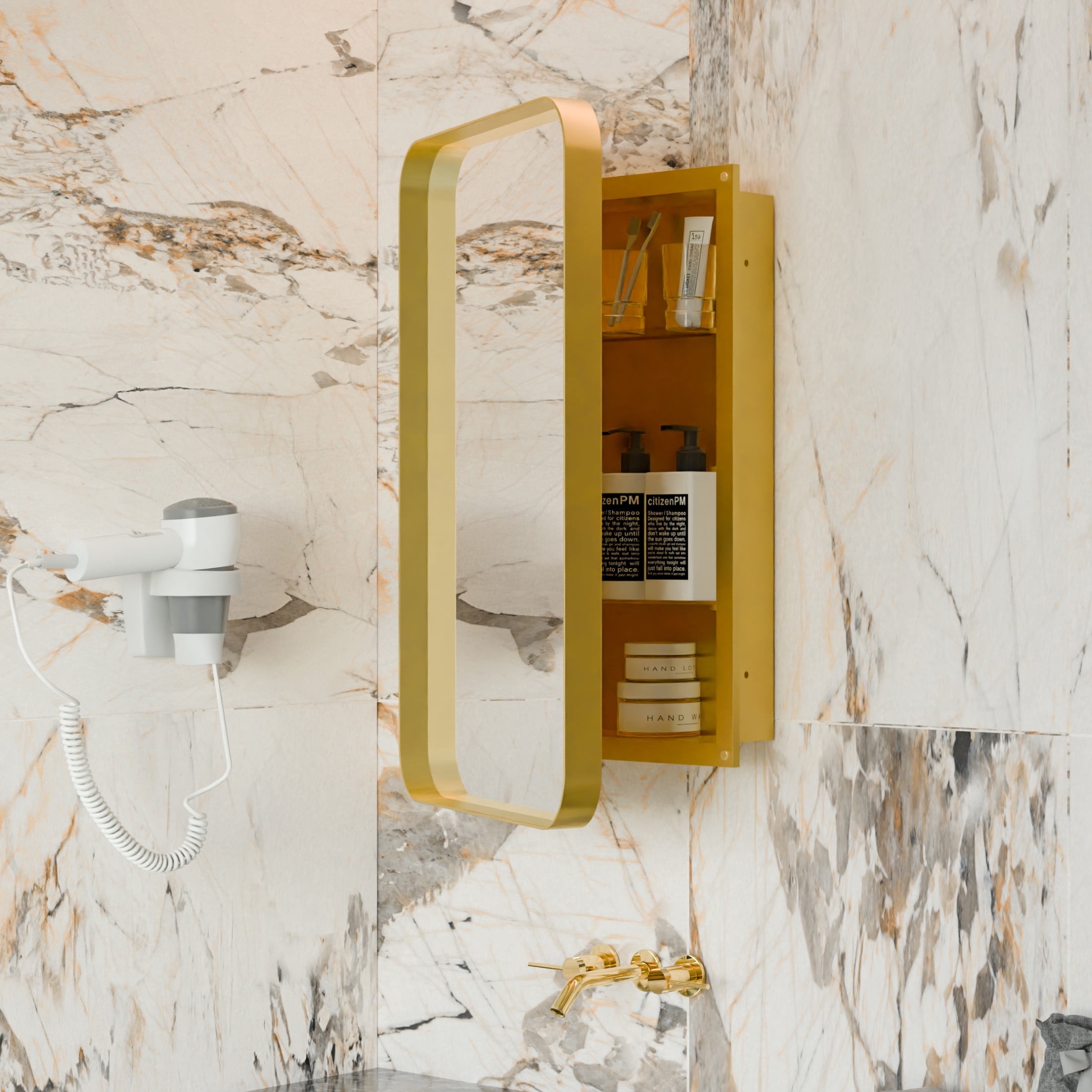Noble House 20×30 Recessed Medicine Cabinet with Mirror, Metal Frame, Adjustable Shelves, for Bathroom, Matte Gold
