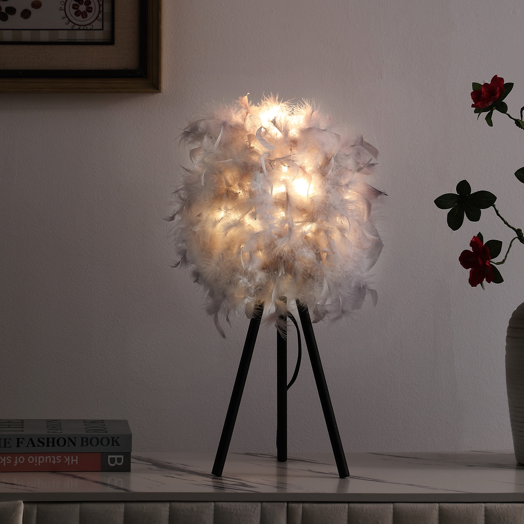 Noble House 20.5" Feather Shade Tripod Table Lamp, Matte Black Legs, Semi-Round Shade, E26 Light Bulb, Soft Gray
