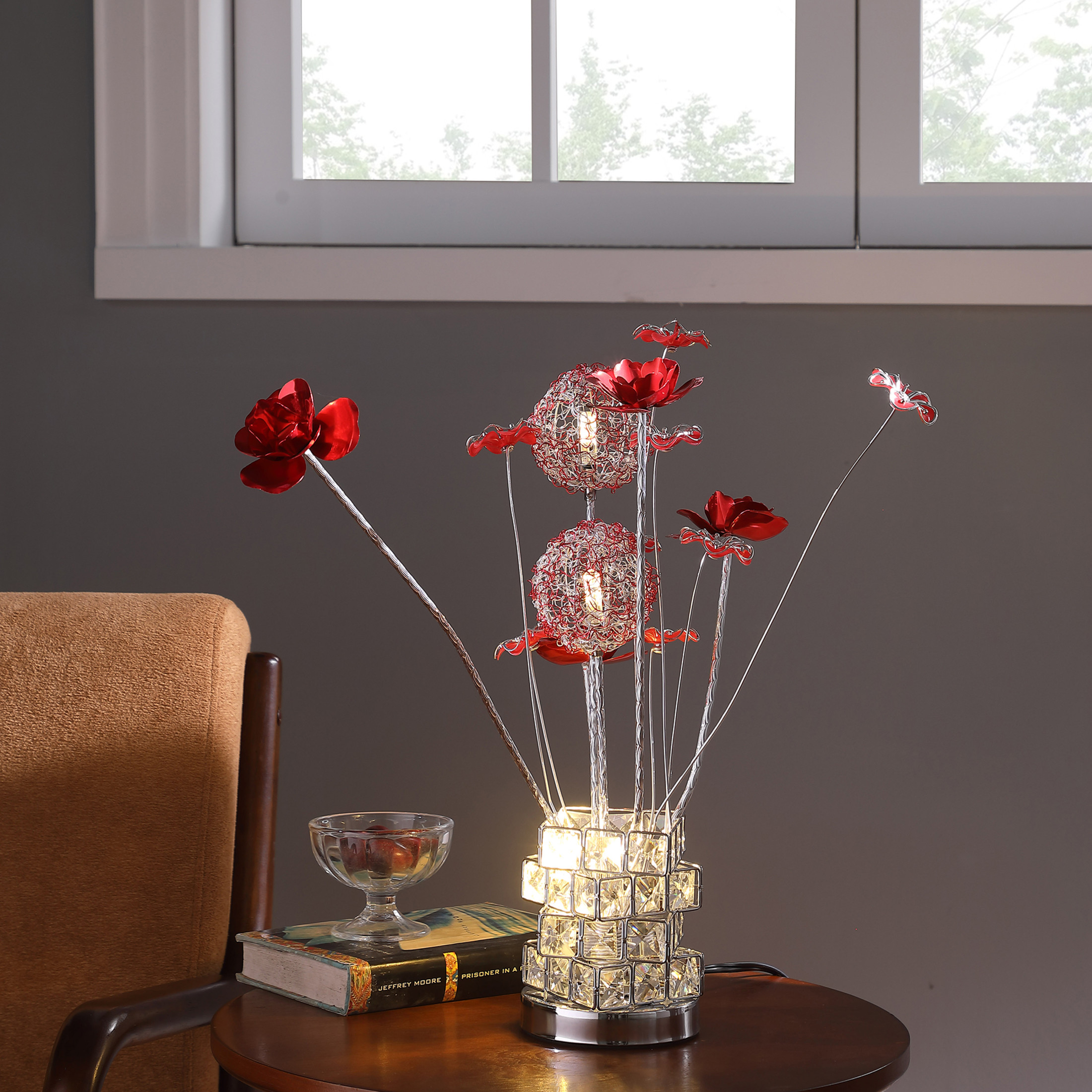 Noble House 20.75" Floral LED Table Lamp, Aluminum & Acrylic Red Roses, G4 Light Bulbs, Chrome Vase, Multicolor