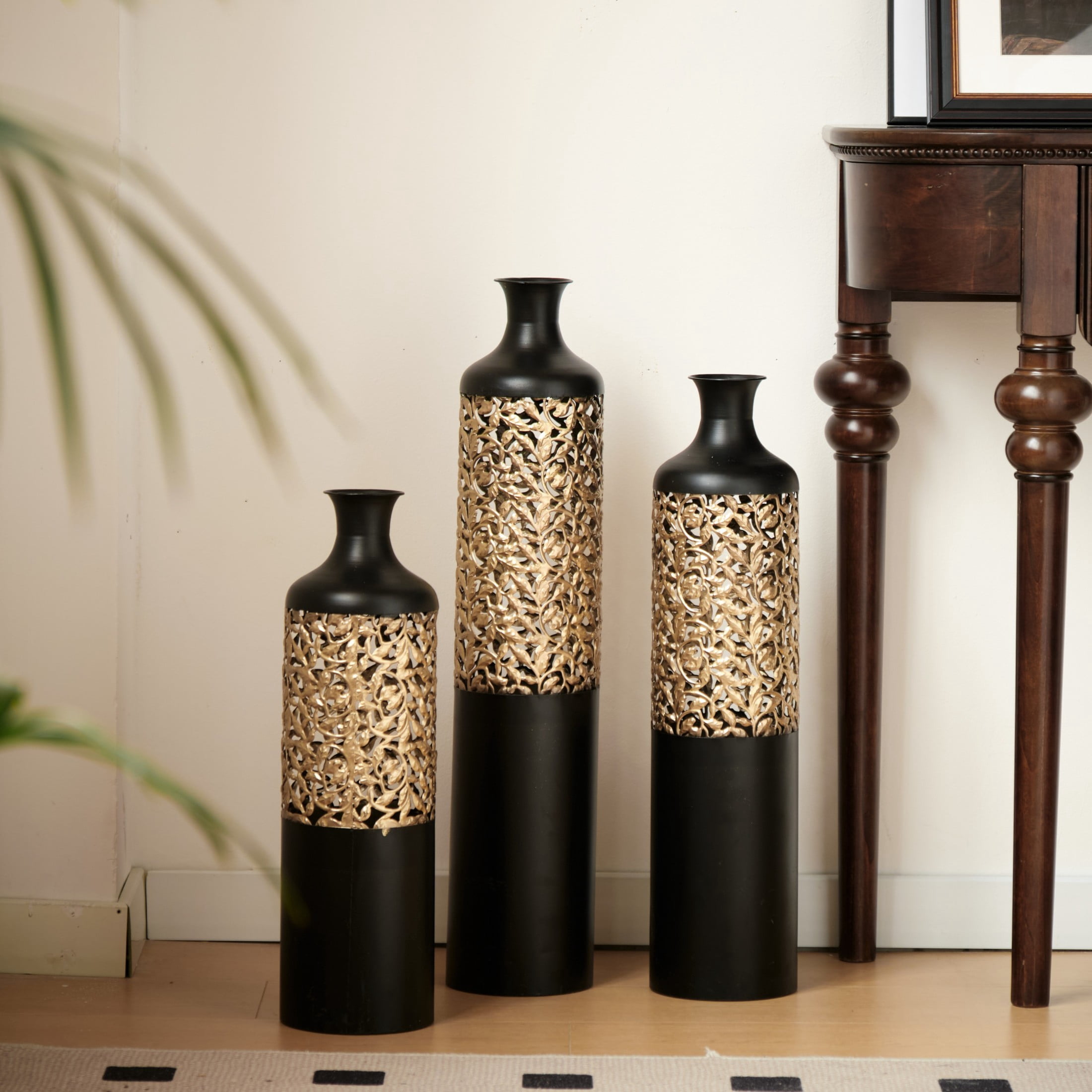 Noble House 20.8", 24.8", 28.7" Metal Floor Vase Set of 3, Cutout Geometric Vases, Black+Gold