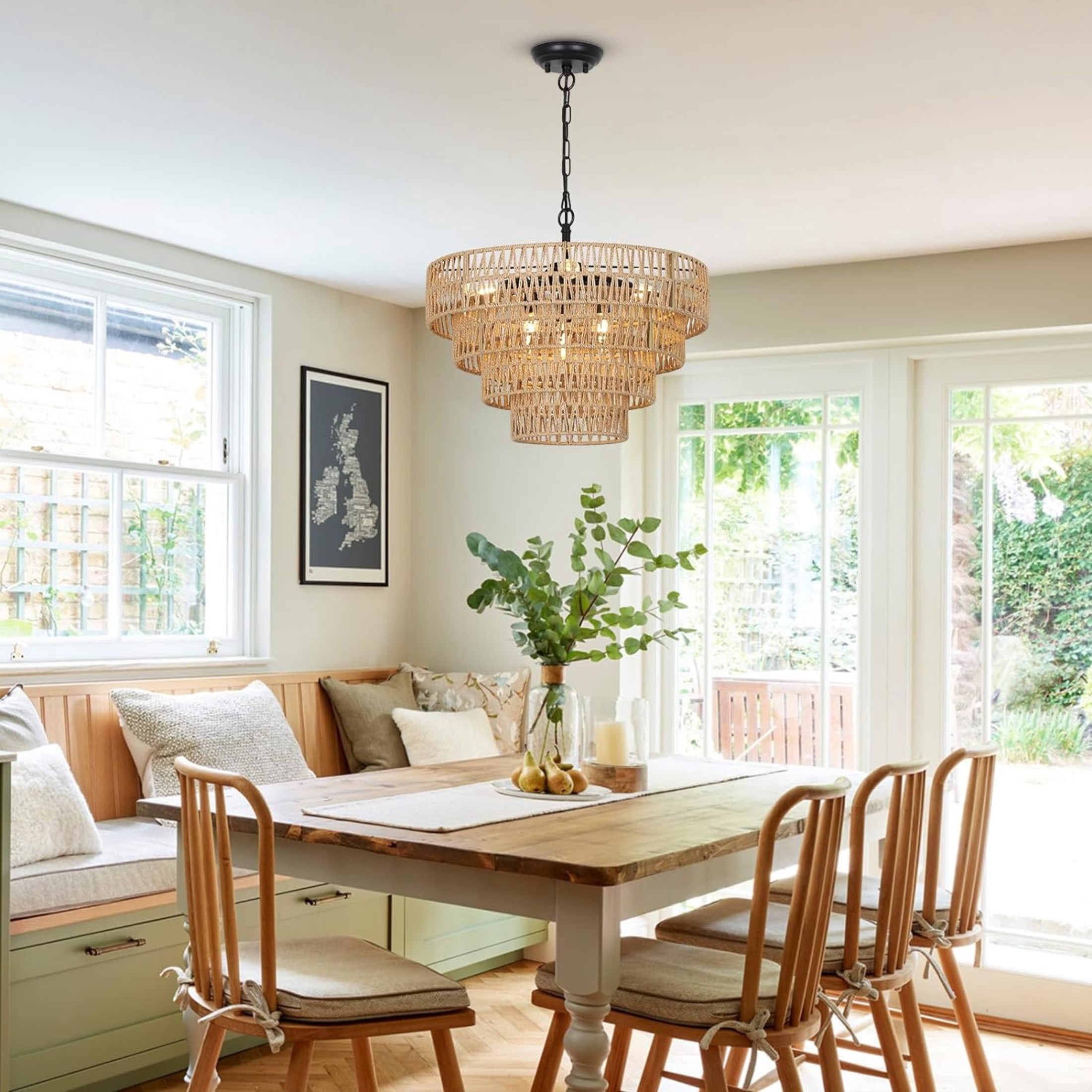 Noble House 20" Boho Adjustable Rattan Chandelier, 6-Light Farmhouse Pendant, 4-Tier Woven Shade, E12 Dimmable, Black