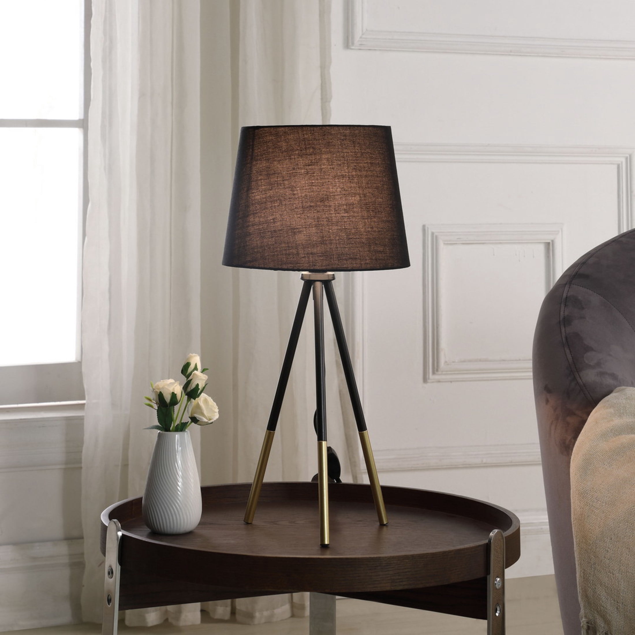 Noble House 20" Devon Tripod Metal Table Lamp, Vintage Design with Semi-Drum Shade, for Small Space, Matte Black