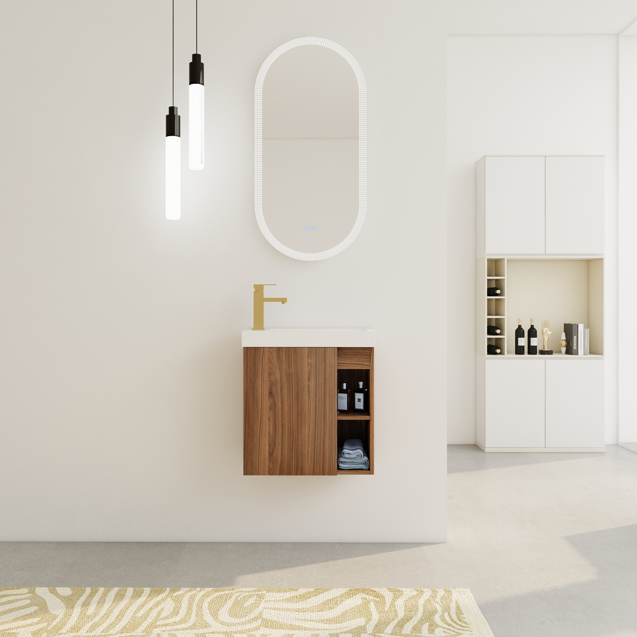Noble House 20" Floating Bathroom Vanity, White Resin Sink, Soft-Close Door, Open Shelves, Wall-Mounted, Walnut