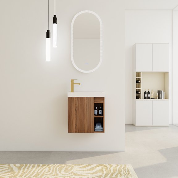 Noble House 20" Floating Bathroom Vanity, White Resin Sink, Soft-Close Door, Open Shelves, Wall-Mounted, Walnut