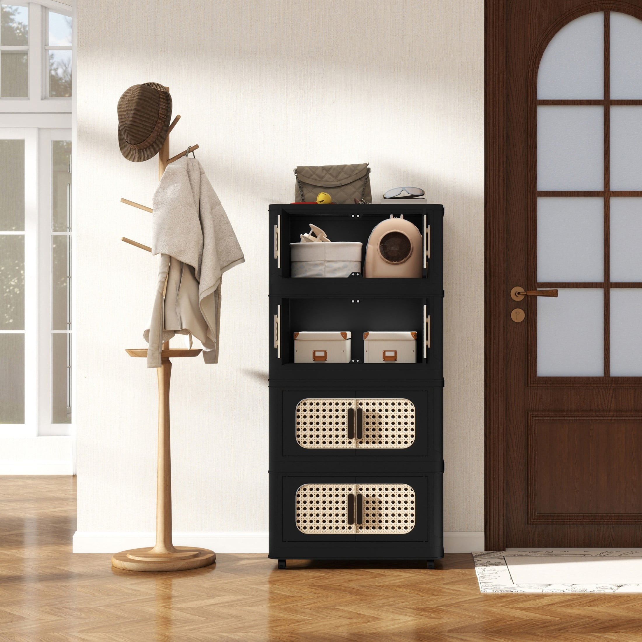 Noble House 20" Folding Plastic Storage Cabinet, 4-Tier Collapsible PP Bins, Magnetic Door with Wheels, Retro Black
