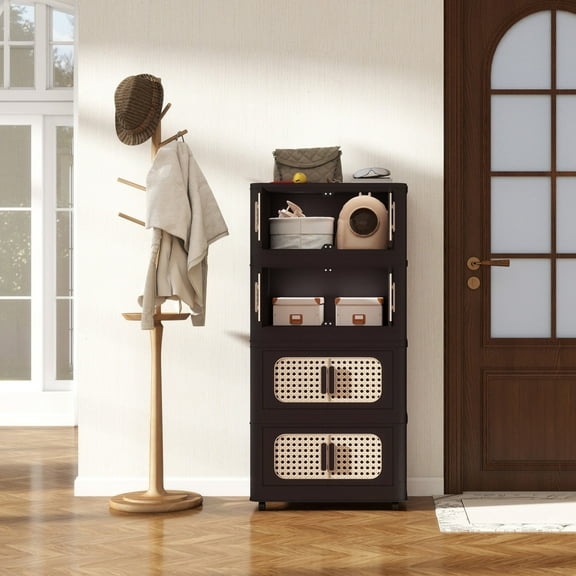 Noble House 20" Folding Plastic Storage Cabinet, 4-Tier Collapsible PP Bins, Magnetic Door with Wheels, Retro Brown