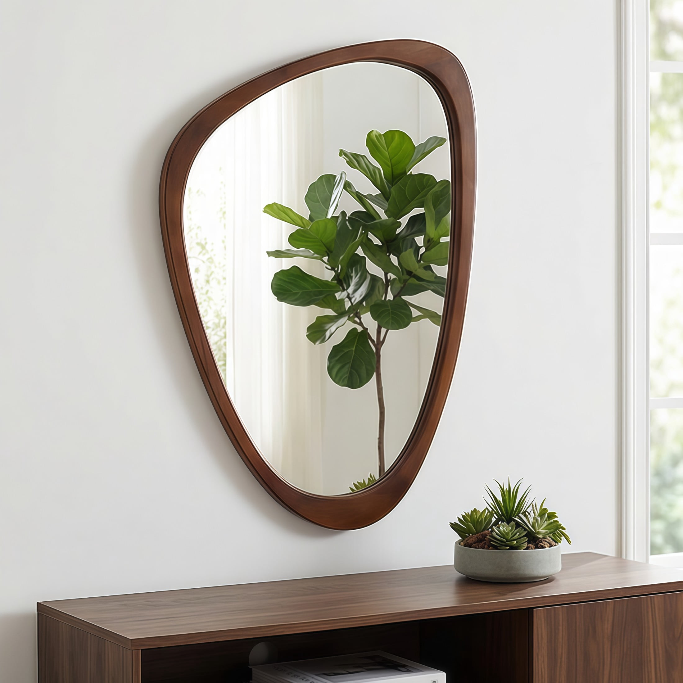 Noble House 20"x30" Irregular Solid Wood Wall Mirror, Modern Asymmetric Decorative Accent Bathroom Mirror, Walnut