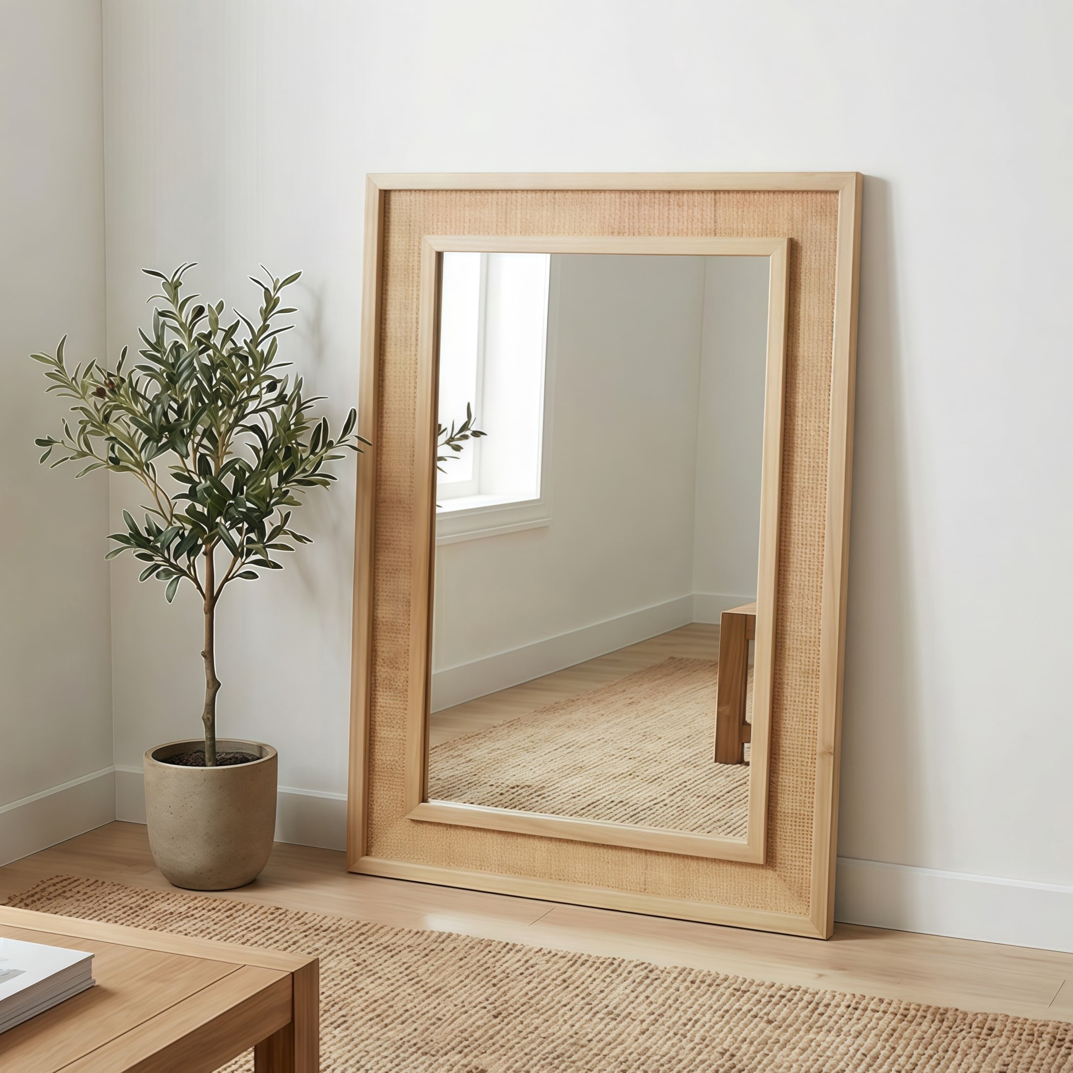 Noble House 20"x30" Rattan Rectangle Wall Mirror, Decorative Accent Bathroom Mirror with Solid Wood Frame, Natural Wood