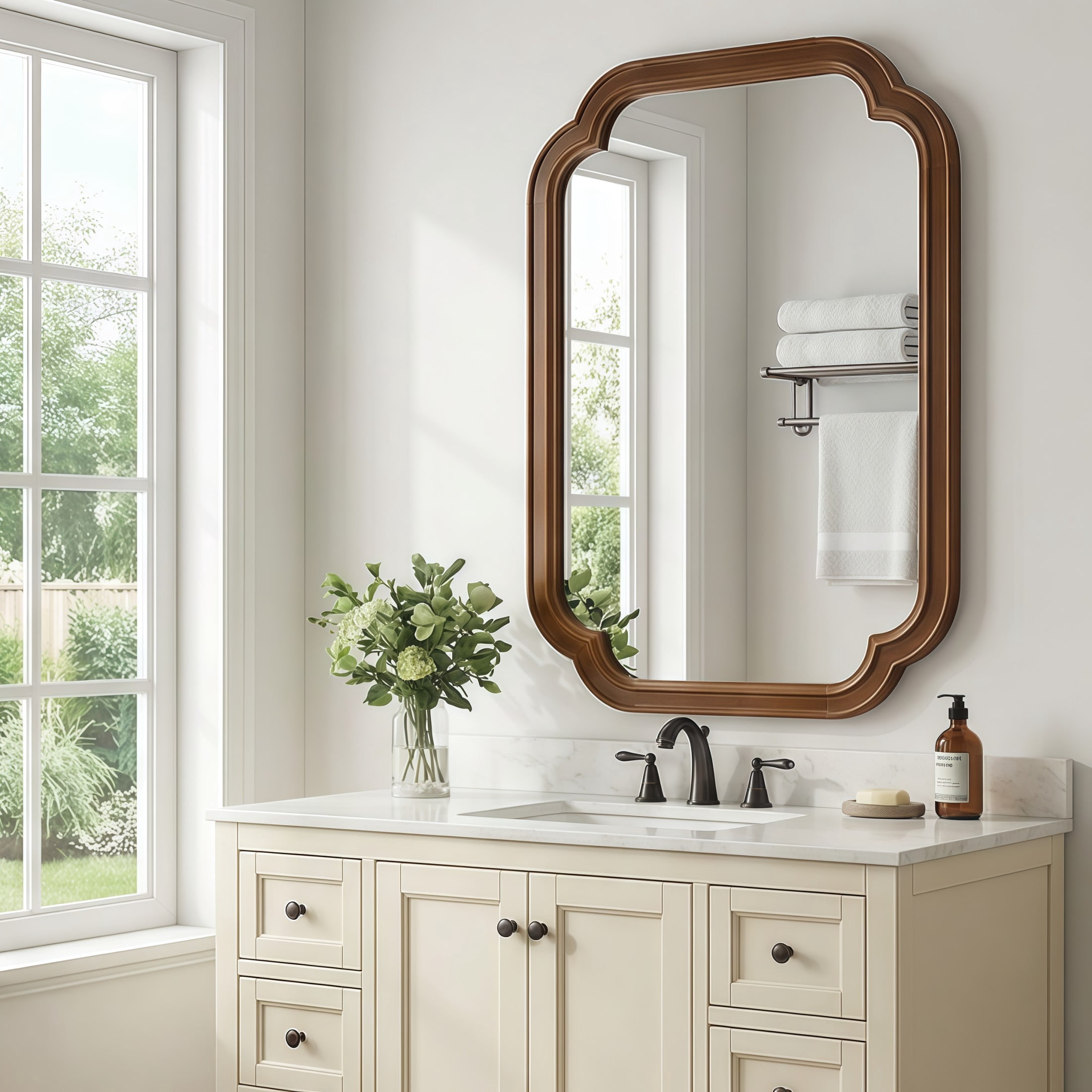 Noble House 20"x30" Rounded Corner Solid Wood Wall Mirror, Decorative Bathroom Rectangle Accent Mirror, Walnut