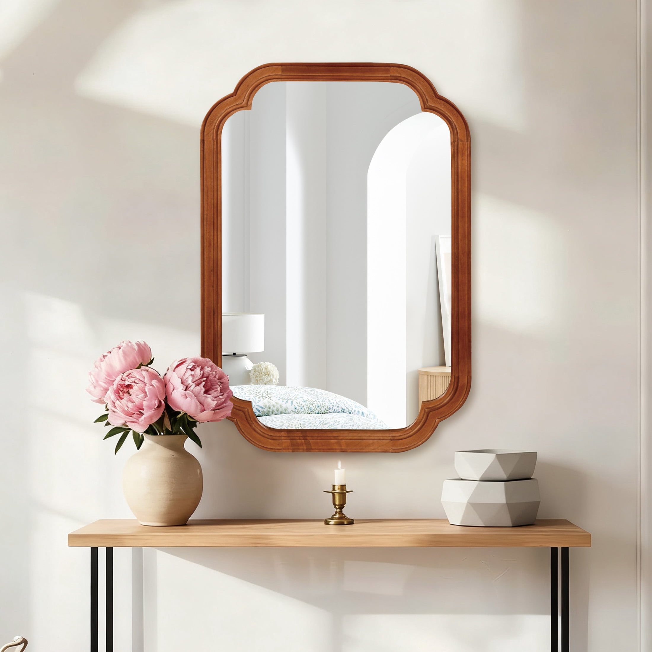 Noble House 20"x30" Rounded Corner Wall Mirror, Solid Wood Decorative Vanity Mirror, Yellowish