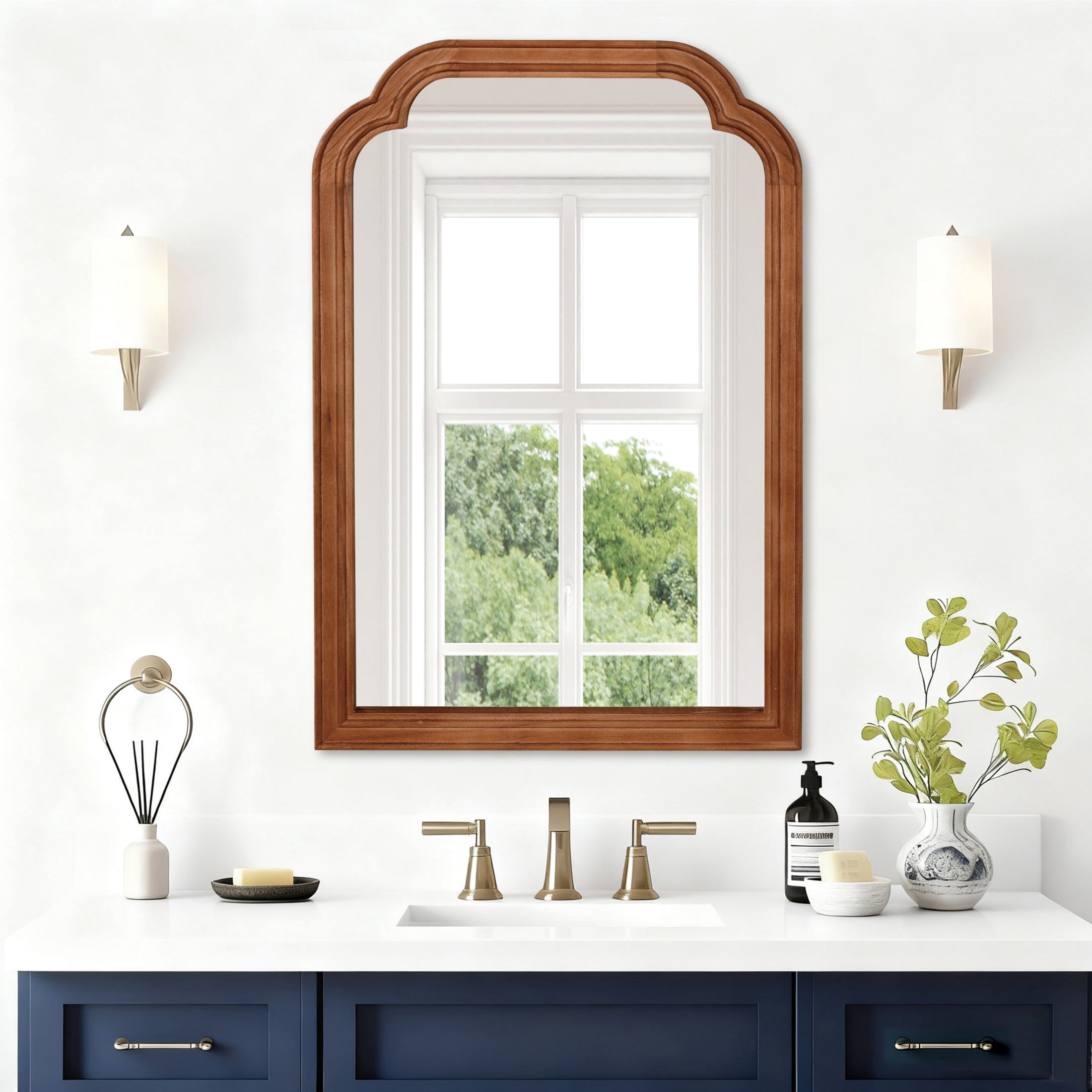 Noble House 20"x30" Rounded Corner Wall Mirror, Solid Wood Decorative Vanity Mirror, Yellowish