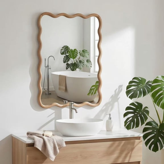 Noble House 20"x30" Wavy Rectangle Wall Mirror, Solid Wood Decorative Vanity Mirror, Natural
