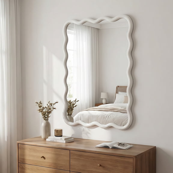 Noble House 20"x30" Wavy Rectangle Wall Mirror, Solid Wood Decorative Vanity Mirror, White