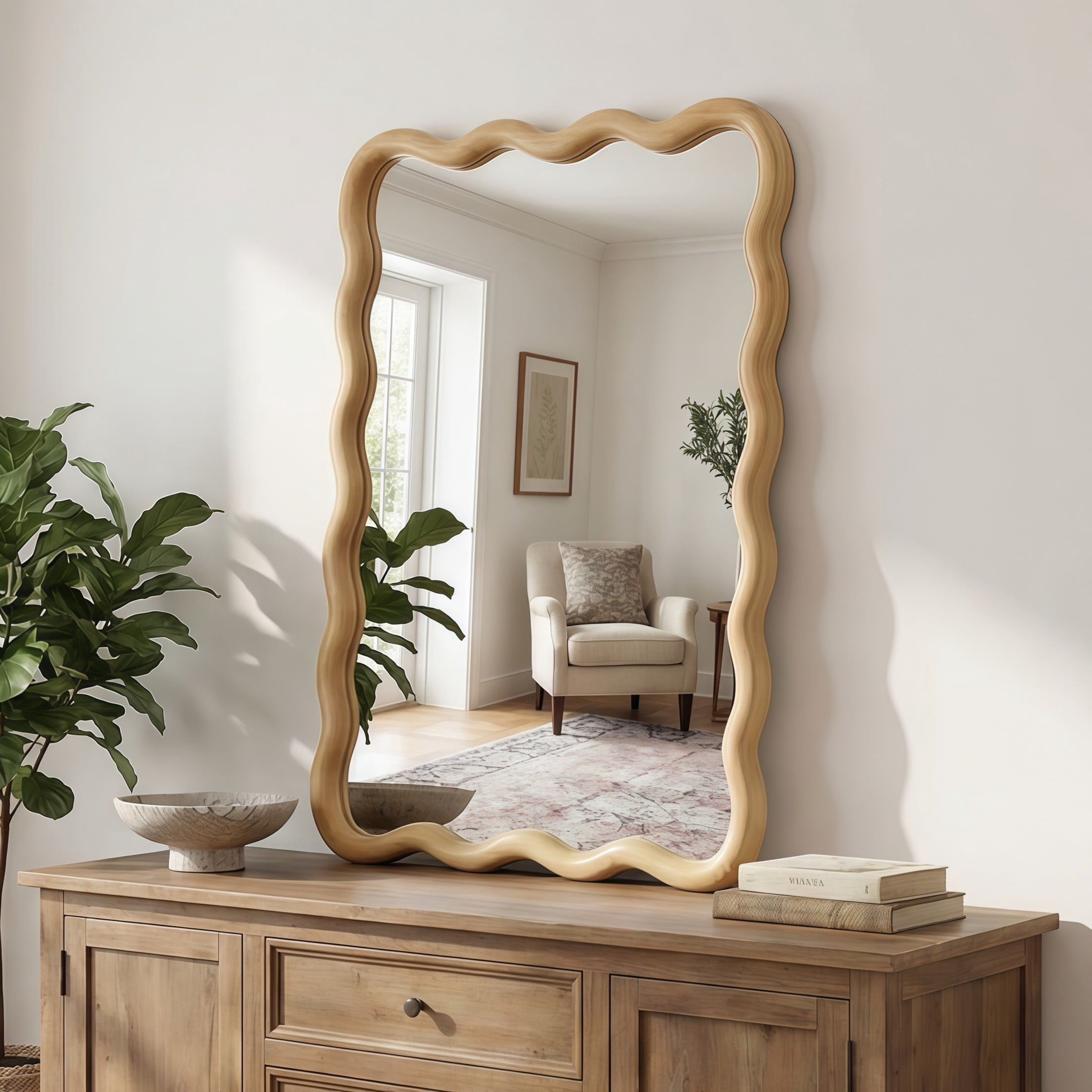 Noble House 20"x30" Wavy Rectangle Wall Mirror, Solid Wood Frame Decorative Accent Mirror for Entryway/Bathroom, Oak
