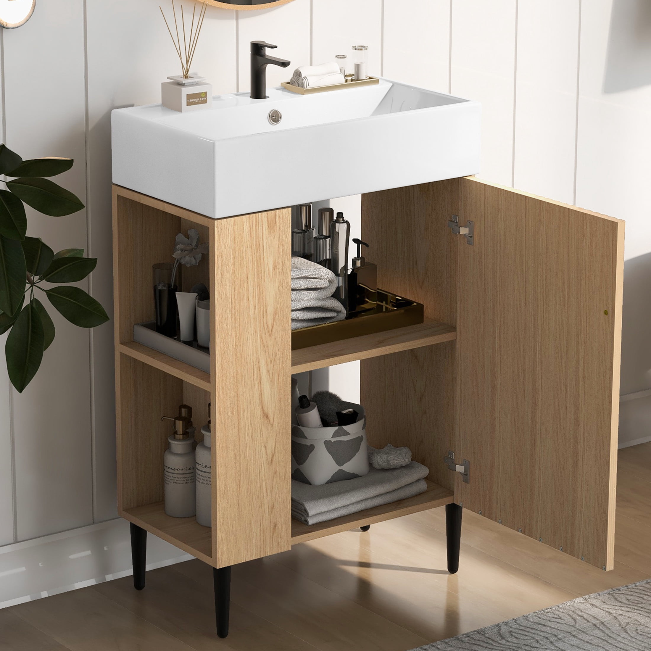 Noble House 21.6" Bathroom Vanity with Ceramic Sink, Left Side Storage Cabinet & Black Metal Legs, Wood