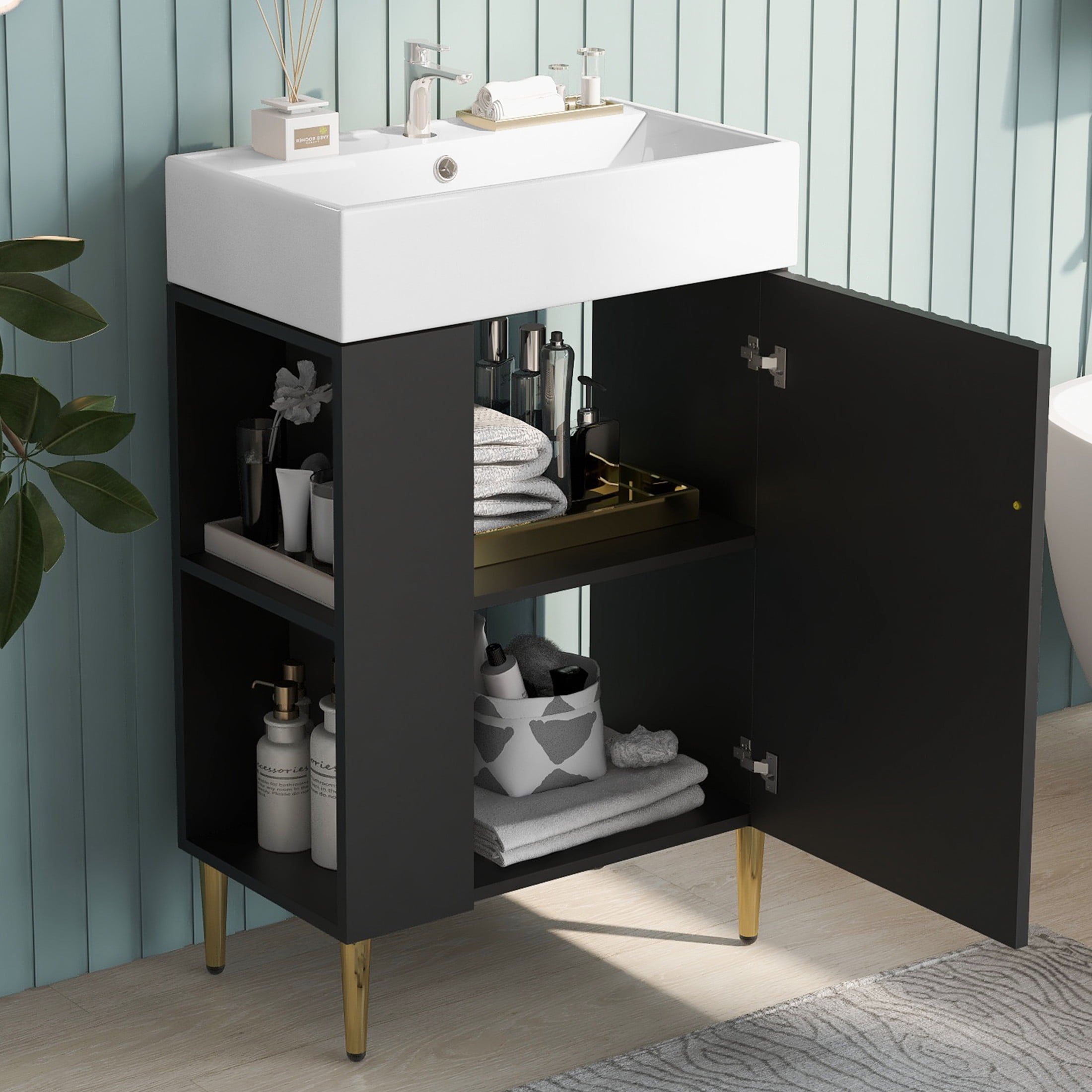 Noble House 21.6" Bathroom Vanity with Ceramic Sink, Left Side Storage Cabinet & Gold Metal Legs, Black