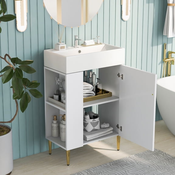 Noble House 21.6" Bathroom Vanity with Ceramic Sink, Left Side Storage Cabinet & Gold Metal Legs, White