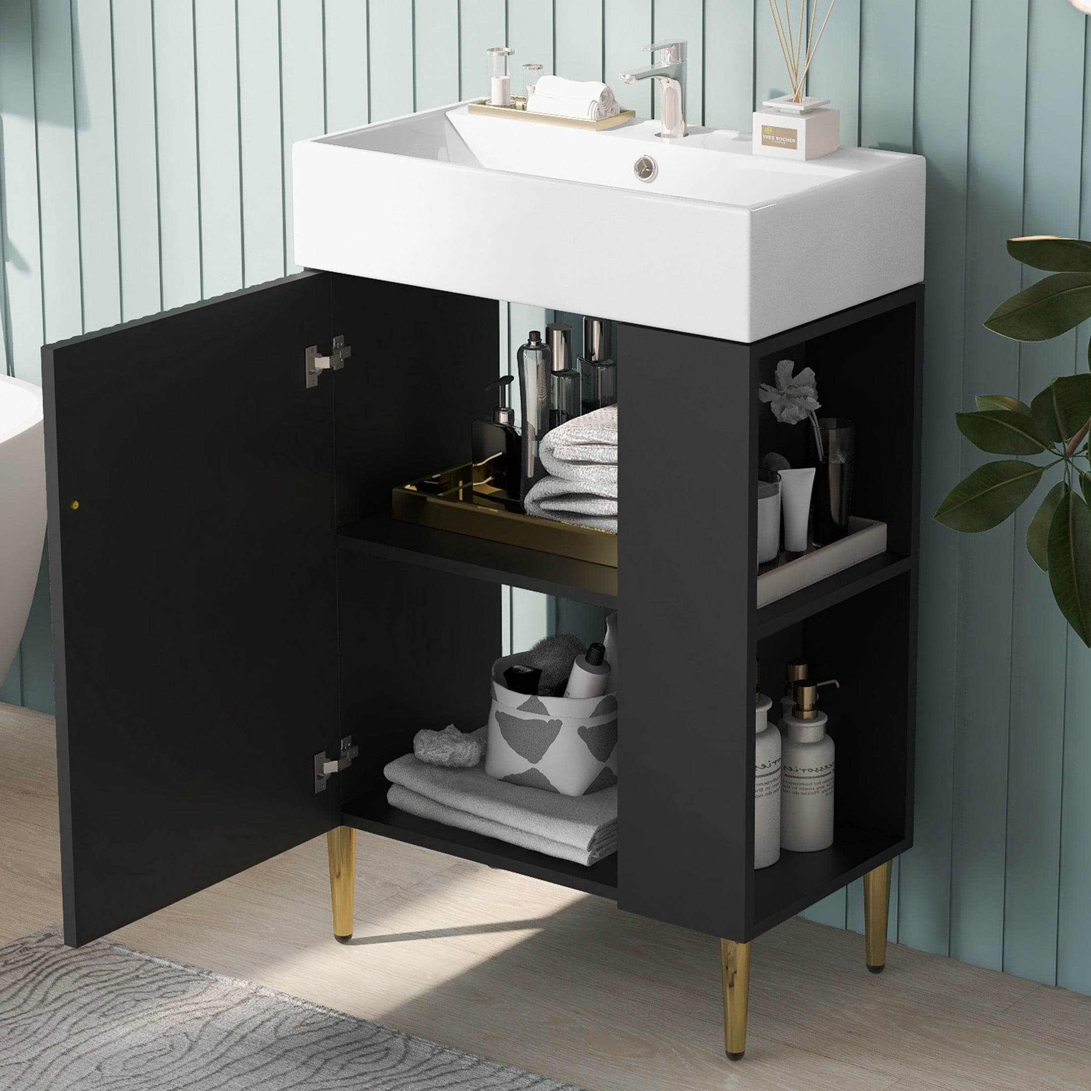 Noble House 21.6" Bathroom Vanity with Ceramic Sink, Right Side Storage Cabinet & Gold Metal Legs, Black